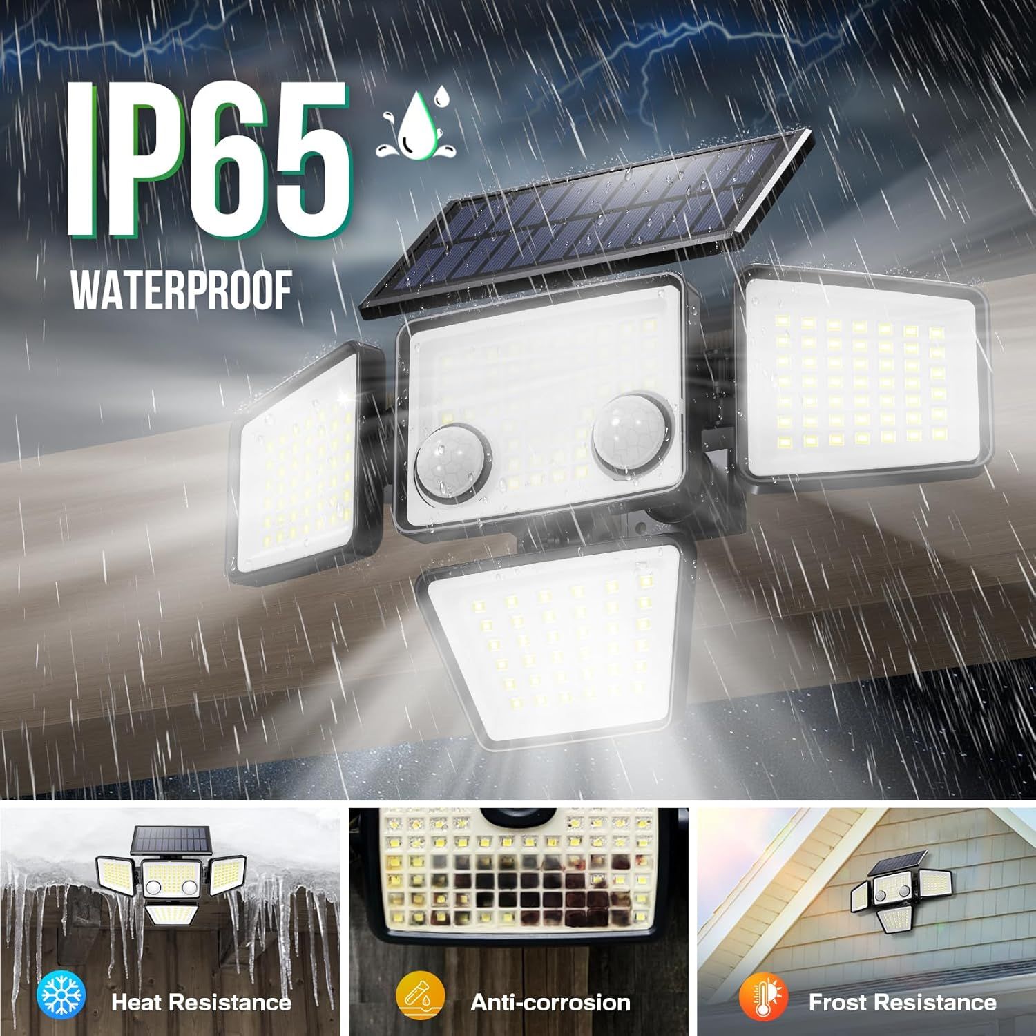 Communicates the product's durability and weather resistance across multiple environmental conditions, reassuring shoppers that the solar light can withstand…