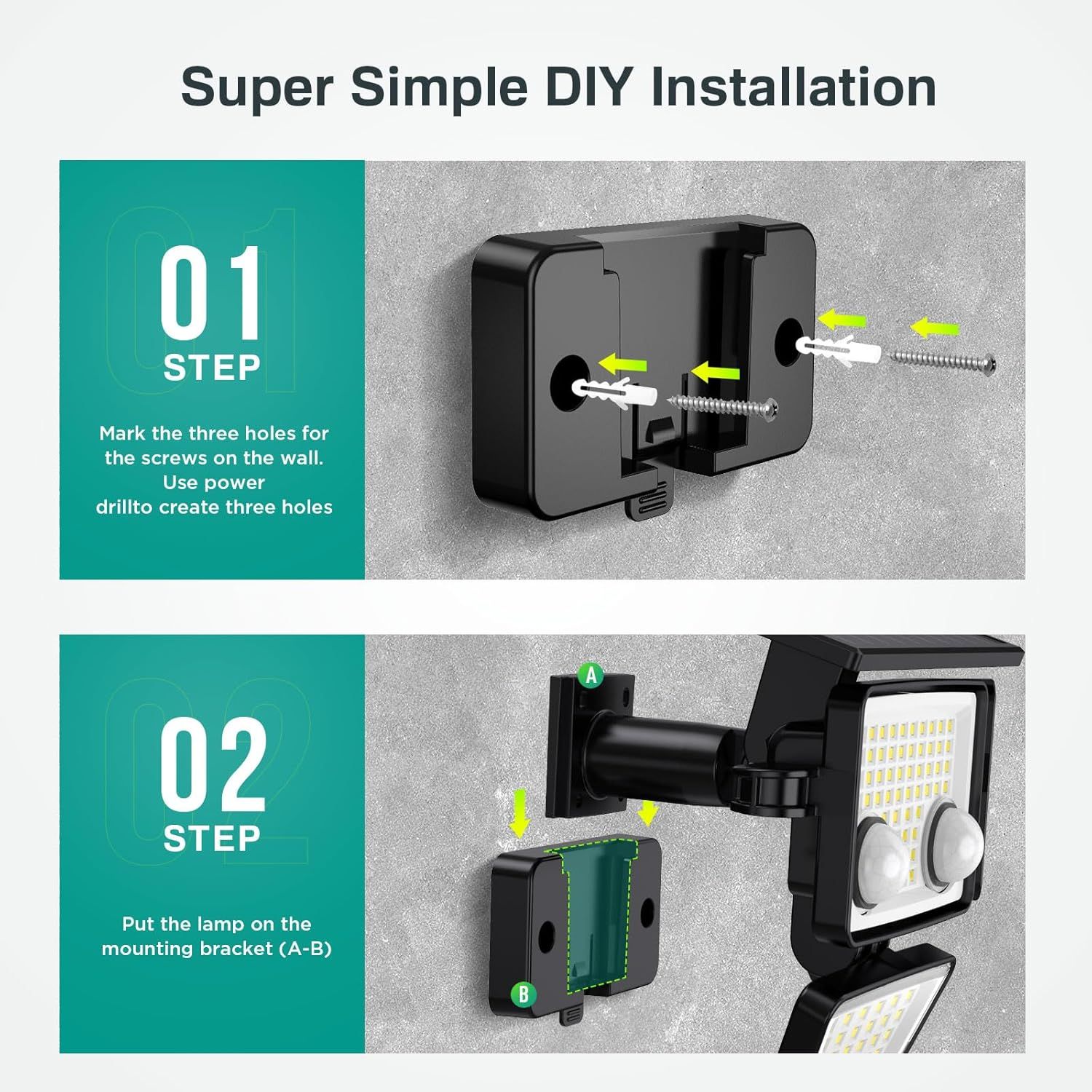 Demonstrates the simple two-step installation process for mounting the lamp, reassuring shoppers that setup is quick and straightforward with clear visual…