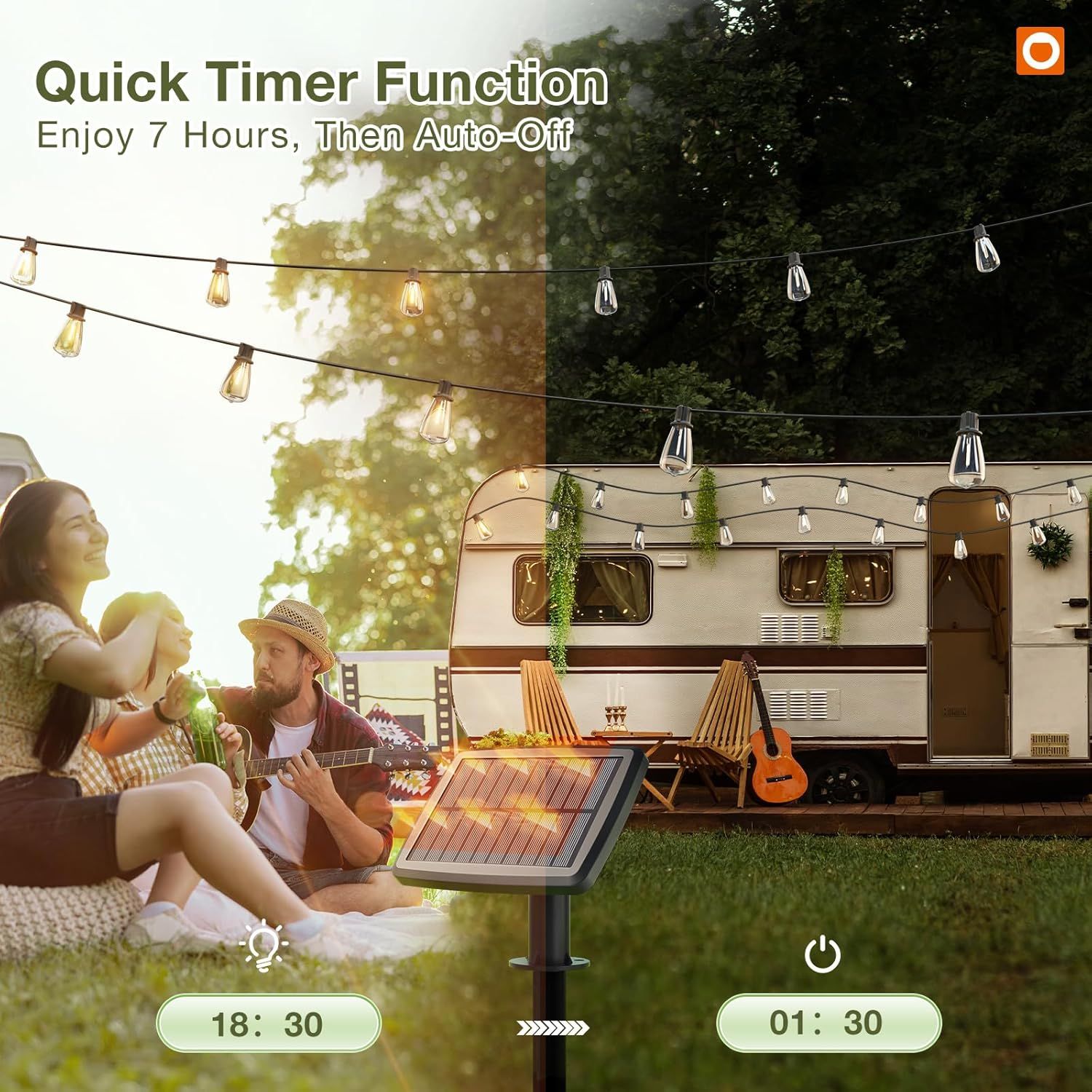 Communicates the convenience of a timer feature that allows the solar lights to automatically turn off after 7 hours, providing ease of use and energy…