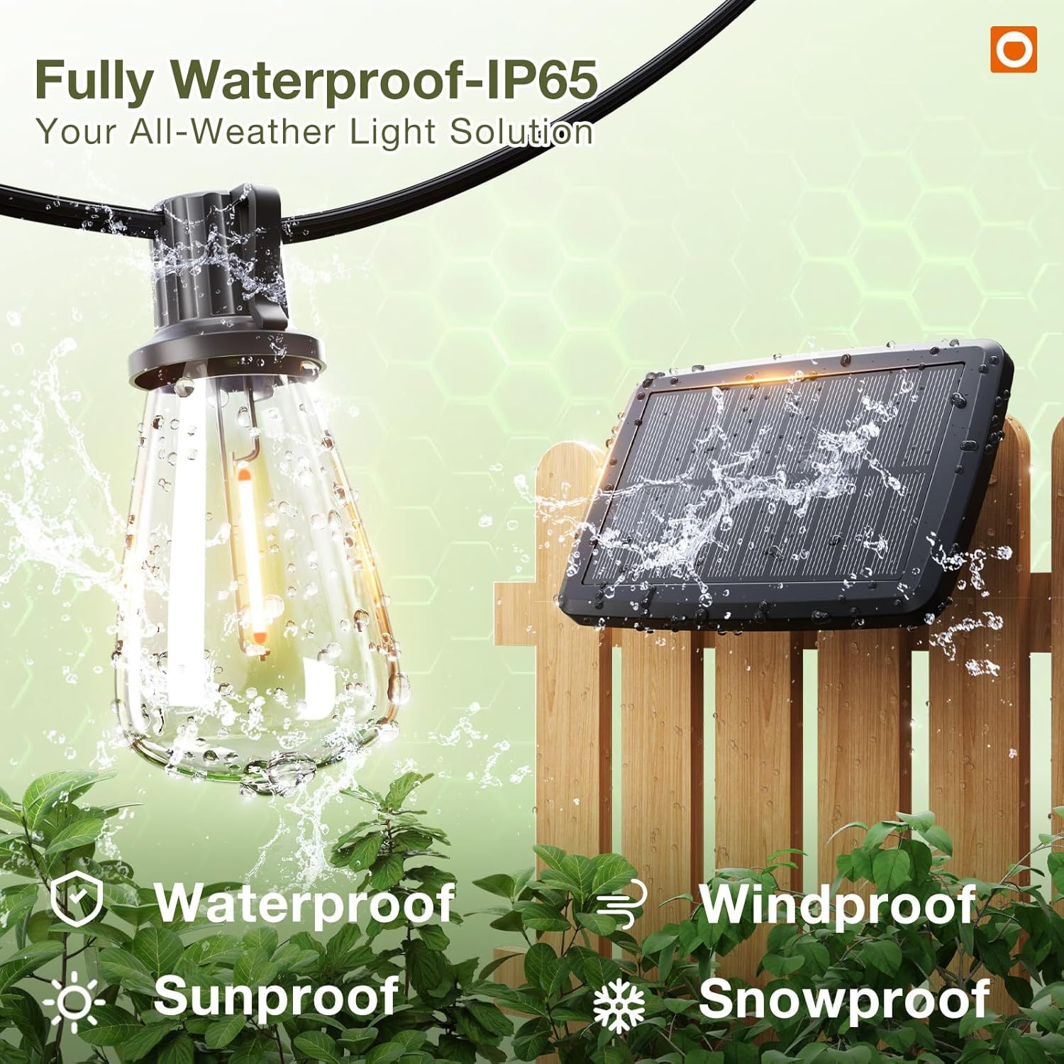 Communicates that the outdoor lighting product is fully weatherproof and can withstand multiple harsh environmental conditions including water, wind, sun, and…