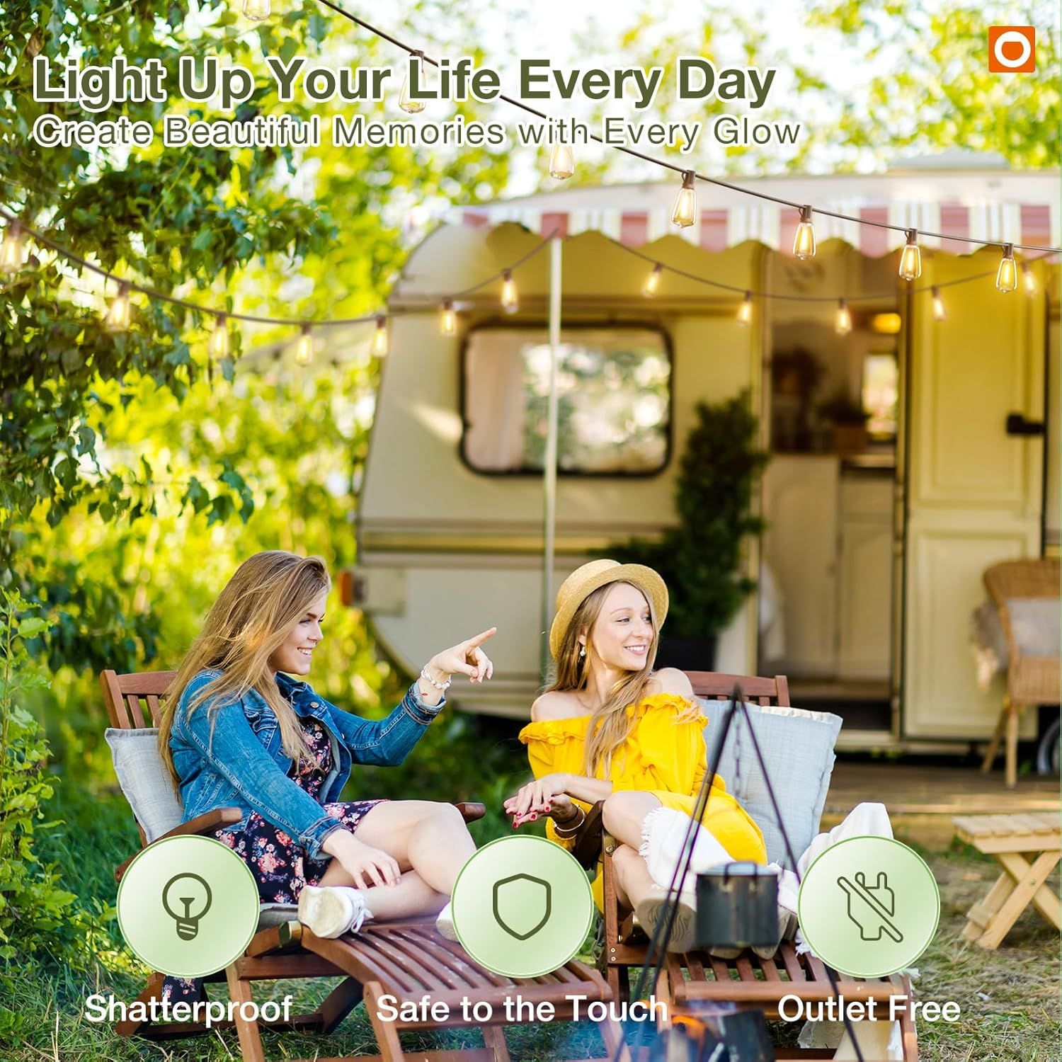 Communicates multiple safety and convenience benefits of the string lights (shatterproof, safe to touch, no outlet needed) to reassure shoppers about ease of use and safety in outdoor settings.