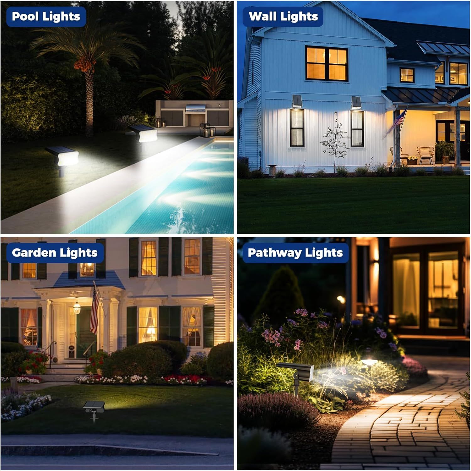 Demonstrates multiple use cases for outdoor lighting products, showing how they can be applied in different environments (pool areas, walls, gardens, and…