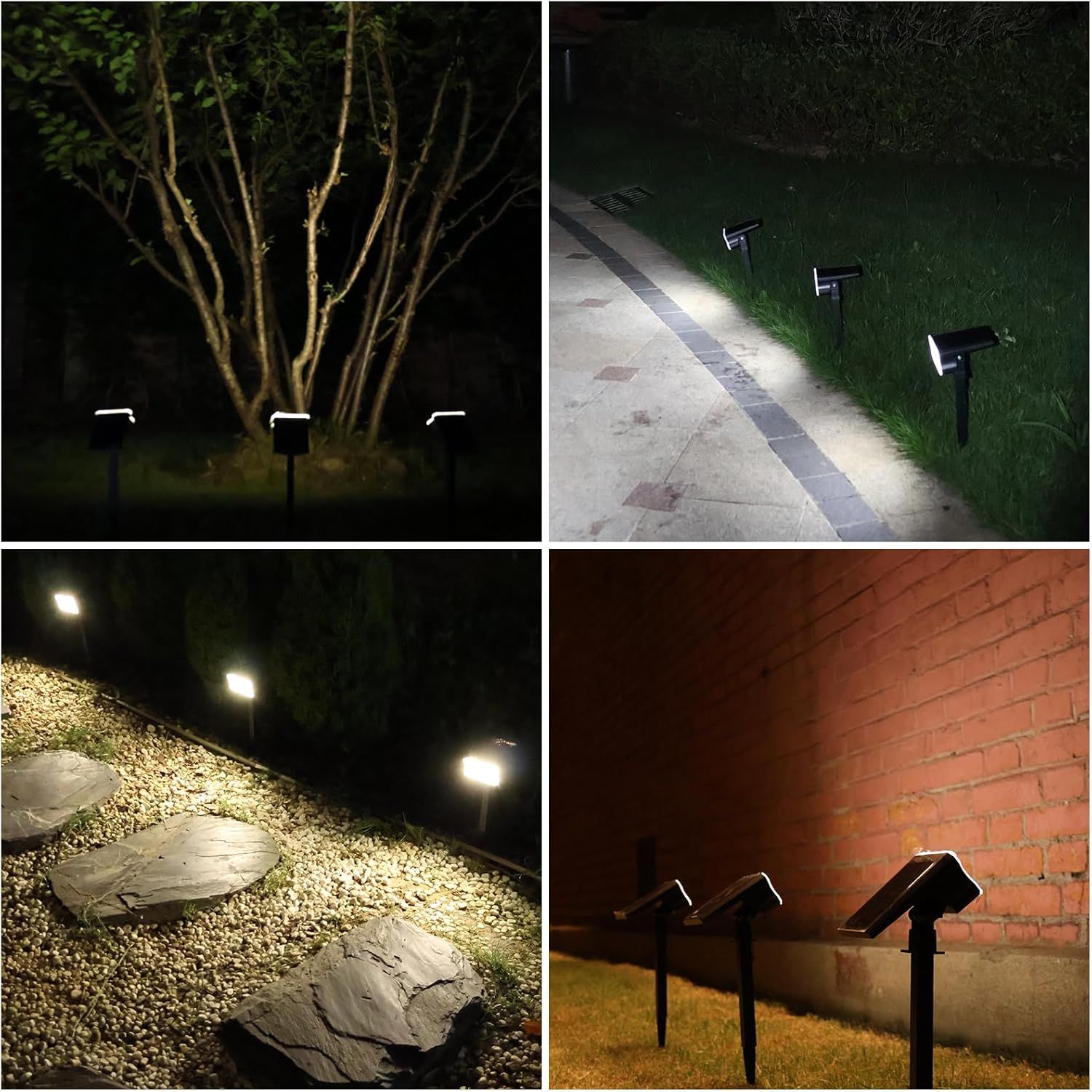 Demonstrates the versatility of the solar lights by showing them in multiple real-world outdoor applications including pathways, gardens, tree uplighting, and…