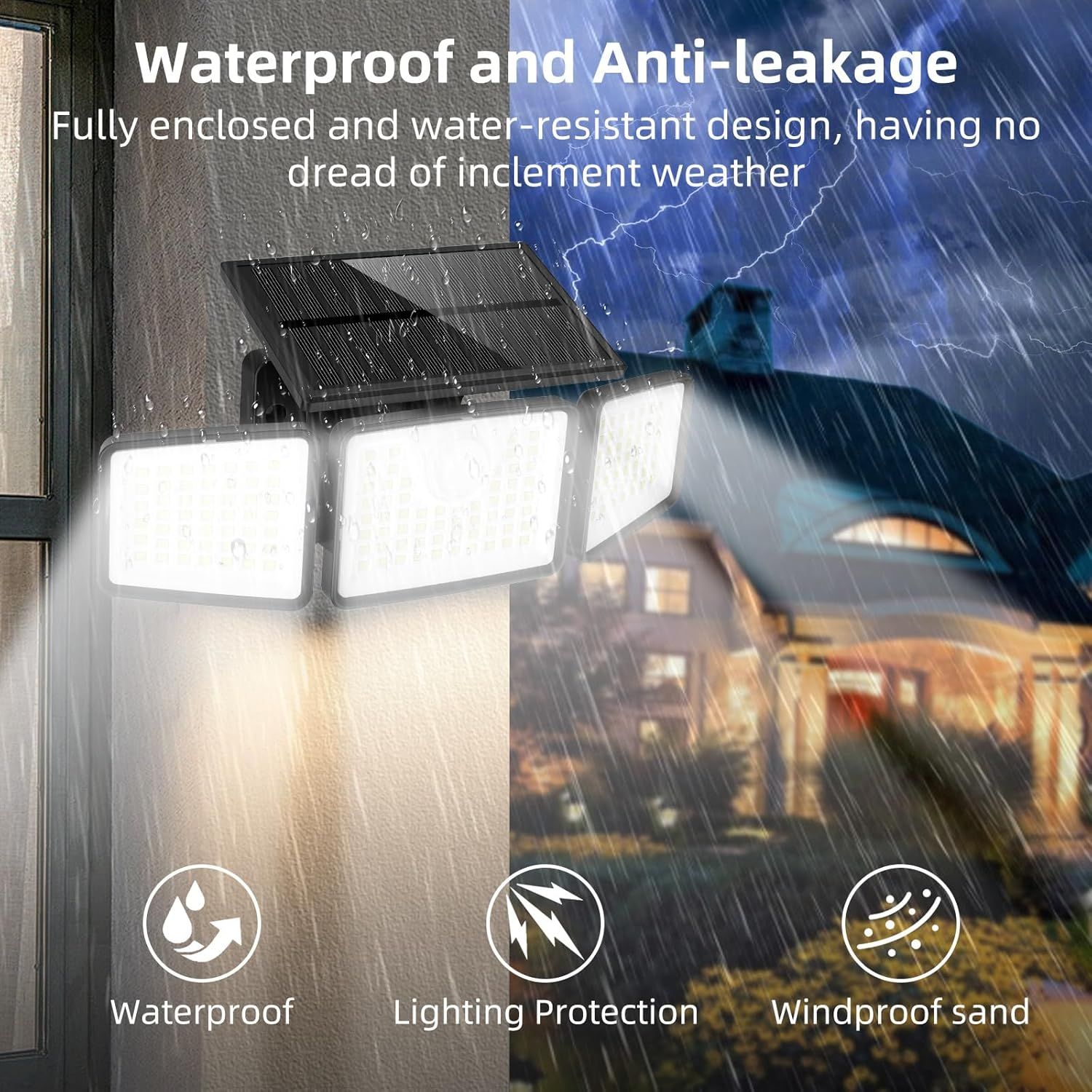 Communicates multiple protective features of the outdoor solar light to reassure shoppers it can withstand harsh weather conditions including rain, lightning,…