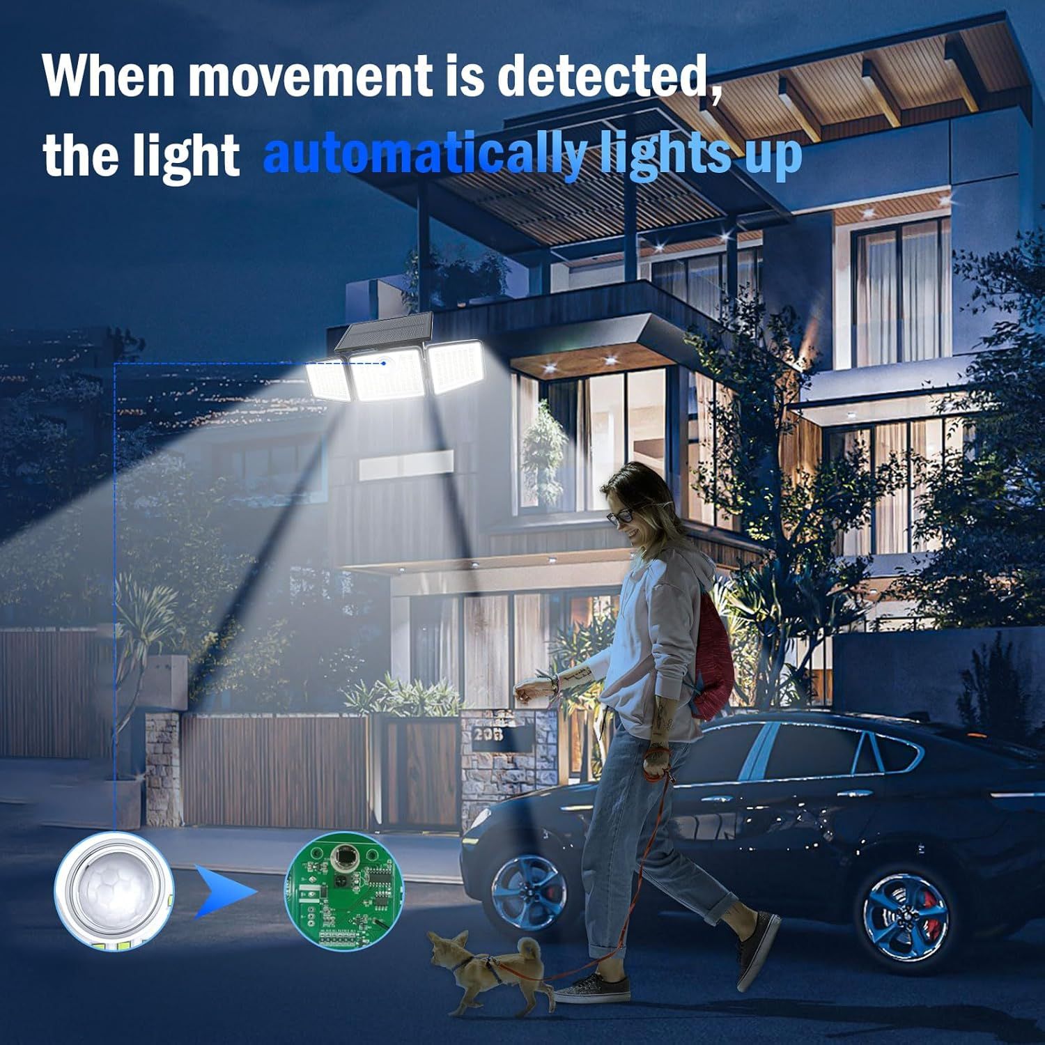 Demonstrates the product's motion-activated automatic lighting feature to reassure shoppers that the light provides hands-free convenience and security when…