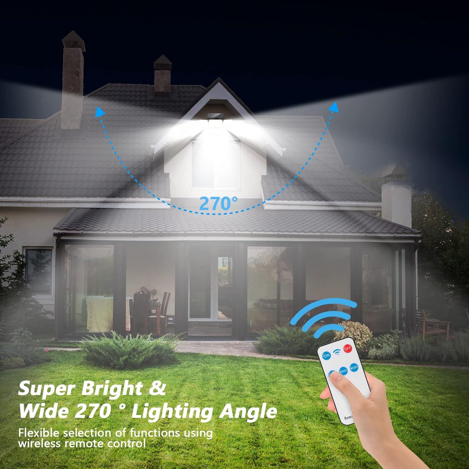 Communicates the product's wide 270-degree coverage angle to show shoppers how effectively the light illuminates a large outdoor area. Highlights the…