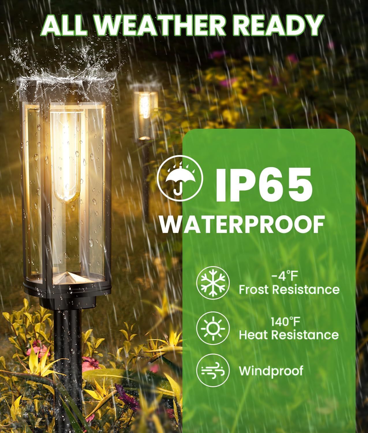 Communicates that the outdoor light is built to withstand all weather conditions including rain, extreme cold, heat, and wind, reassuring shoppers of its…