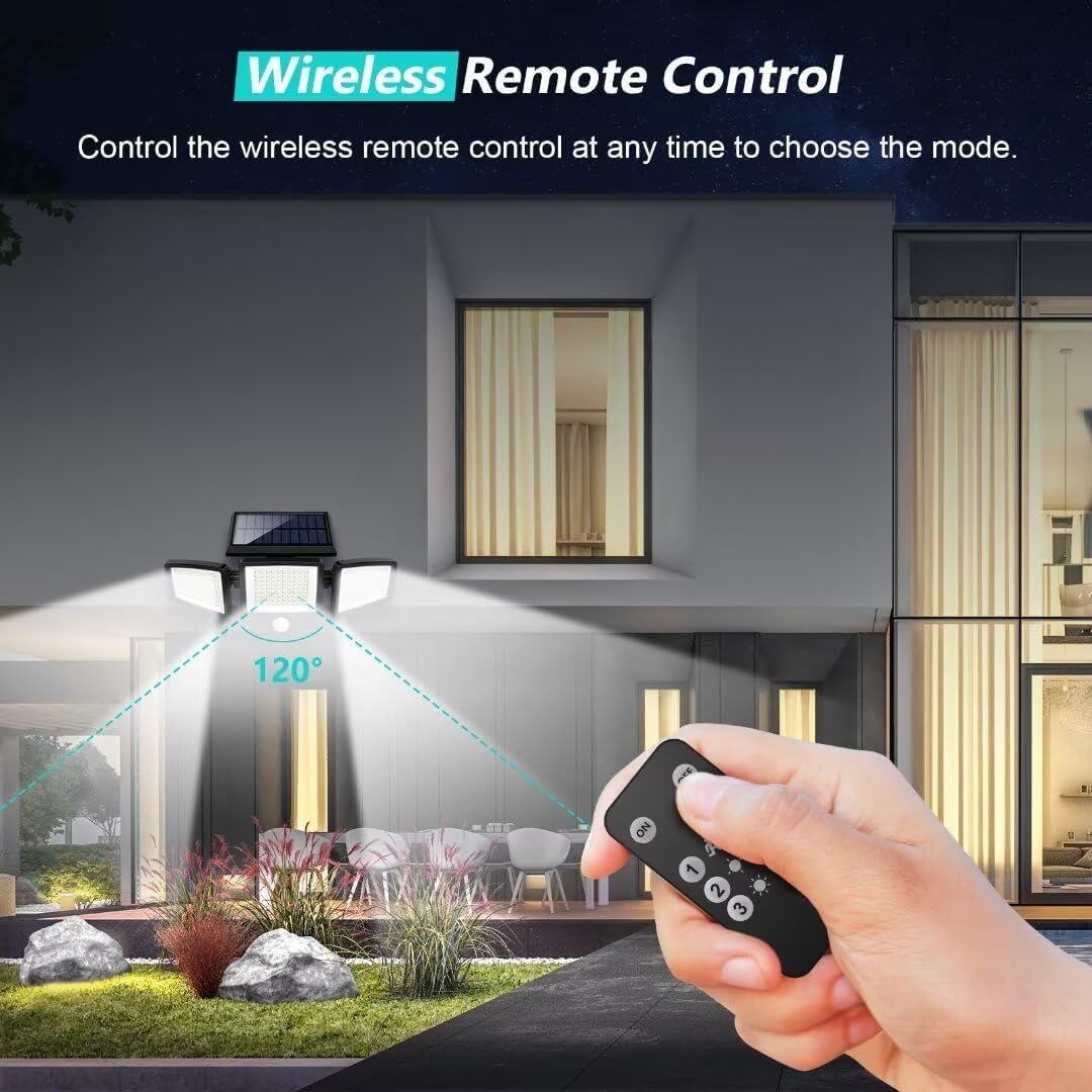 Highlights the convenience of controlling the solar security light remotely from anywhere using the included wireless remote, allowing users to easily choose…