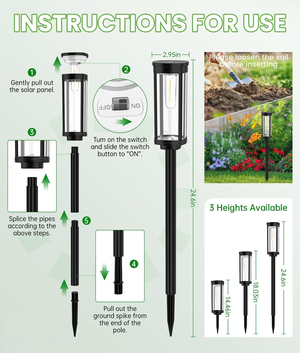 Provides step-by-step instructions for assembling and installing the solar garden light, showing shoppers how to set up the product correctly and easily.