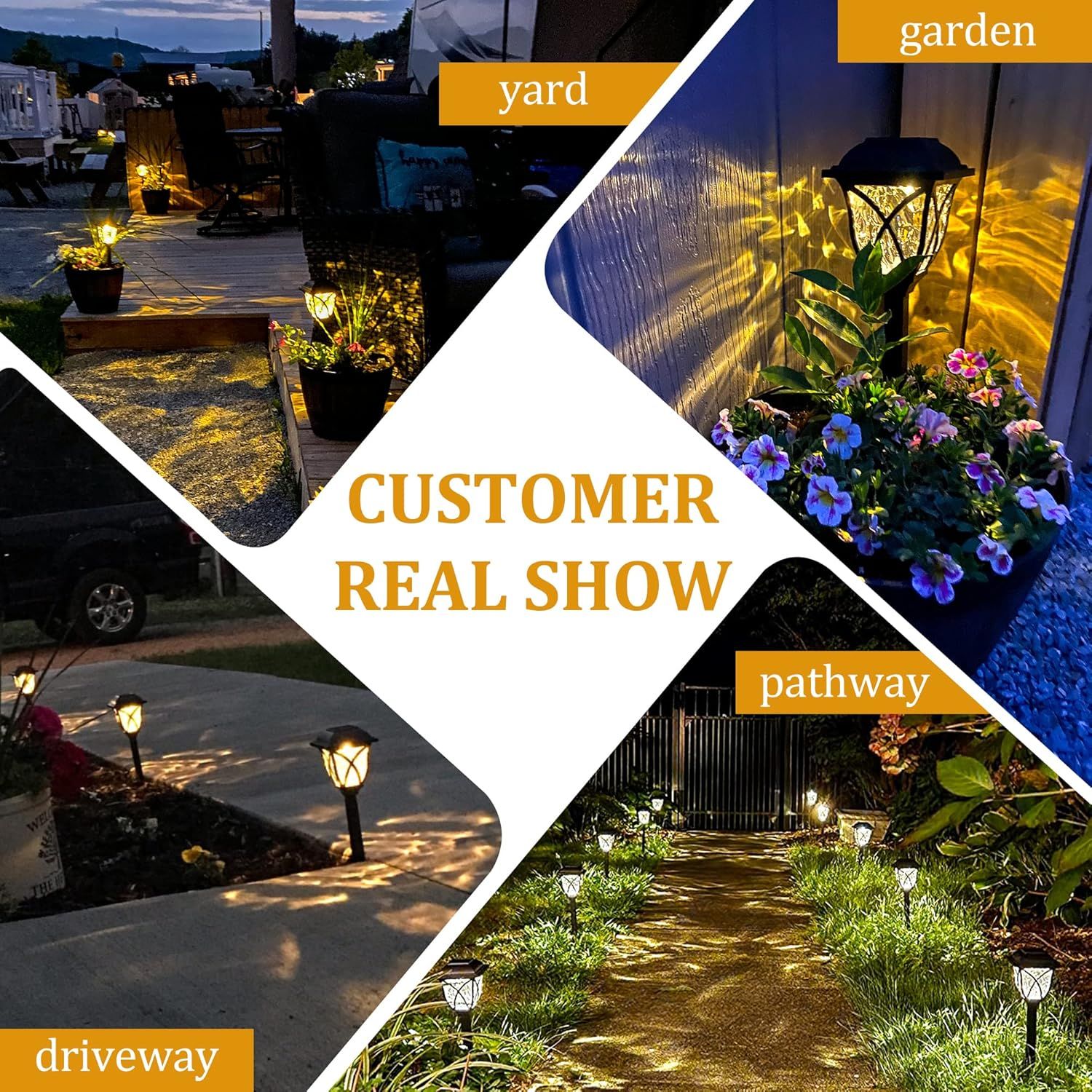 Demonstrates the versatility of the outdoor lighting product by showing it in four different outdoor environments, reassuring shoppers that it works…