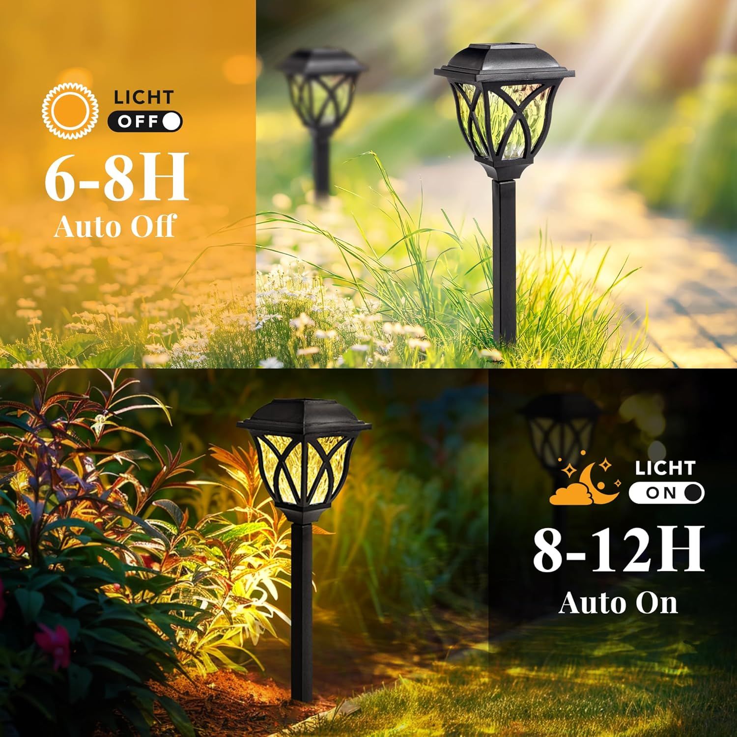 Communicates the automatic timer functionality of the solar garden lights, showing they turn on for 8-12 hours at night and off for 6-8 hours during the day,…