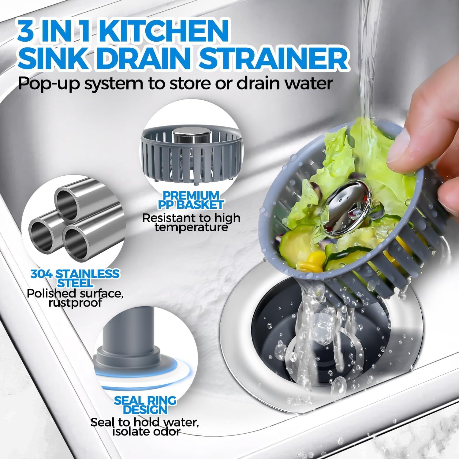 Communicates multiple distinct benefits of the drain strainer including its versatile 3-in-1 system, heat-resistant basket, rustproof stainless steel…
