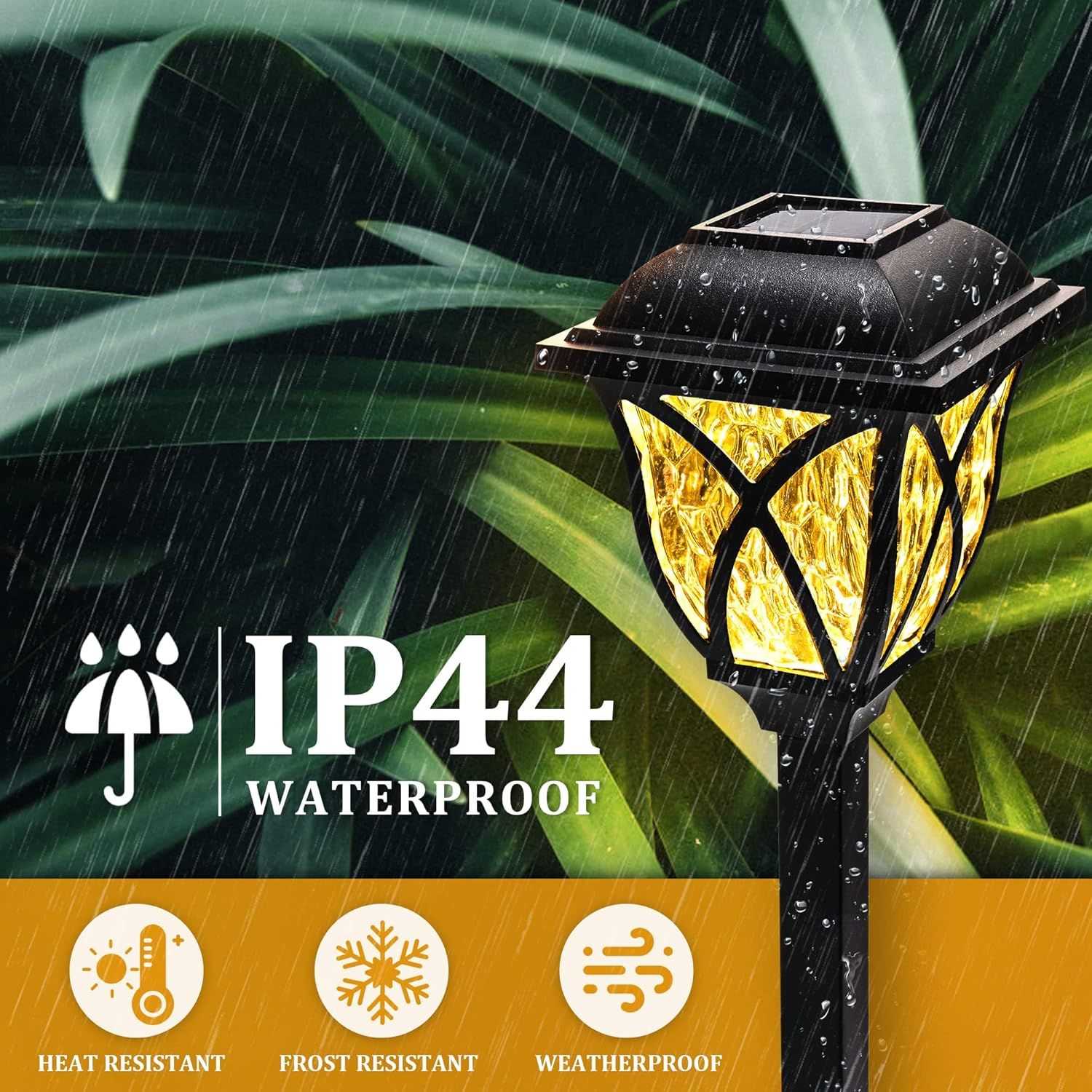 Communicates the solar lantern's durability across multiple weather conditions, reassuring shoppers it can withstand rain, heat, cold, and outdoor elements…