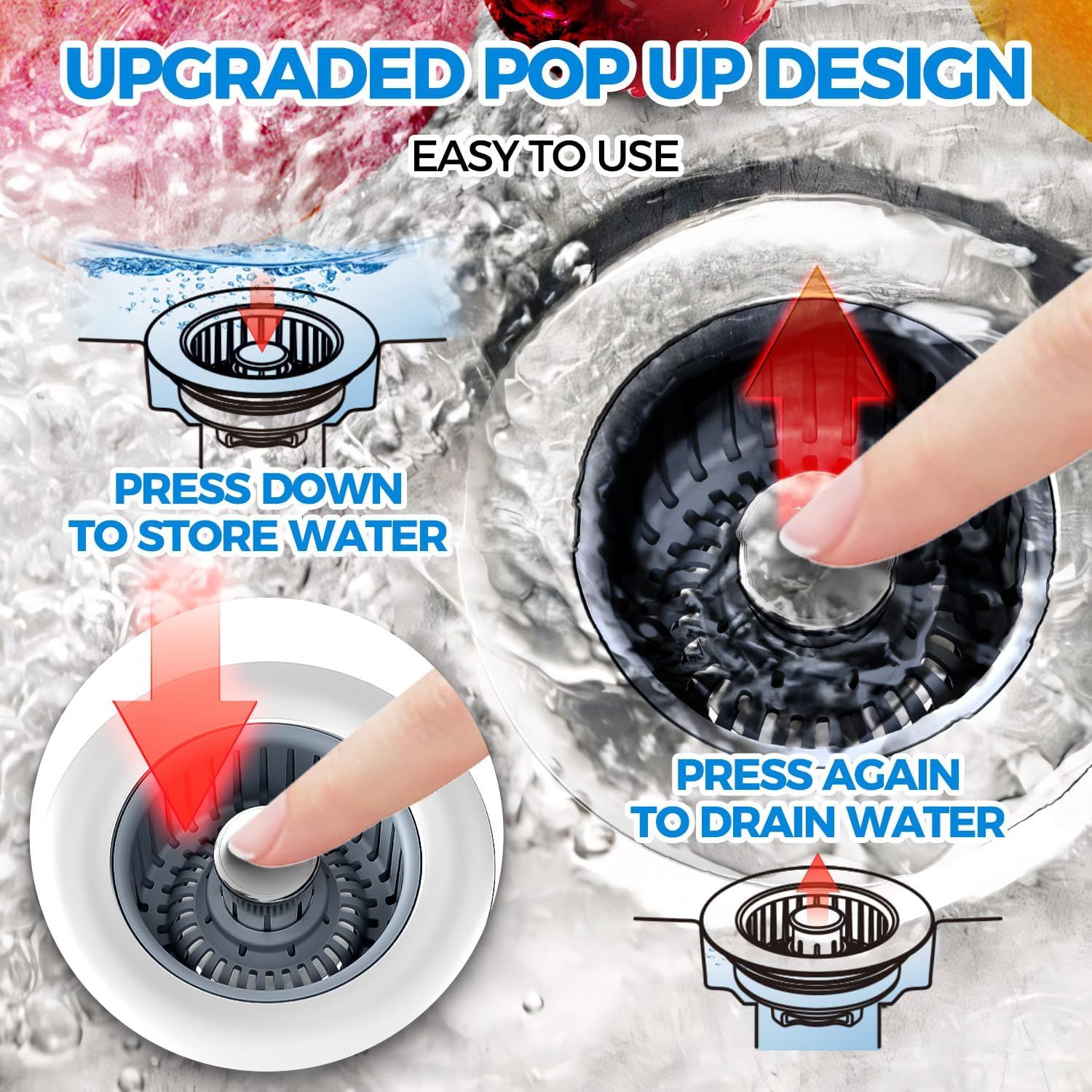 Demonstrates the step-by-step operation of the upgraded pop-up drain design, showing shoppers how to press down to store water and press again to drain,…