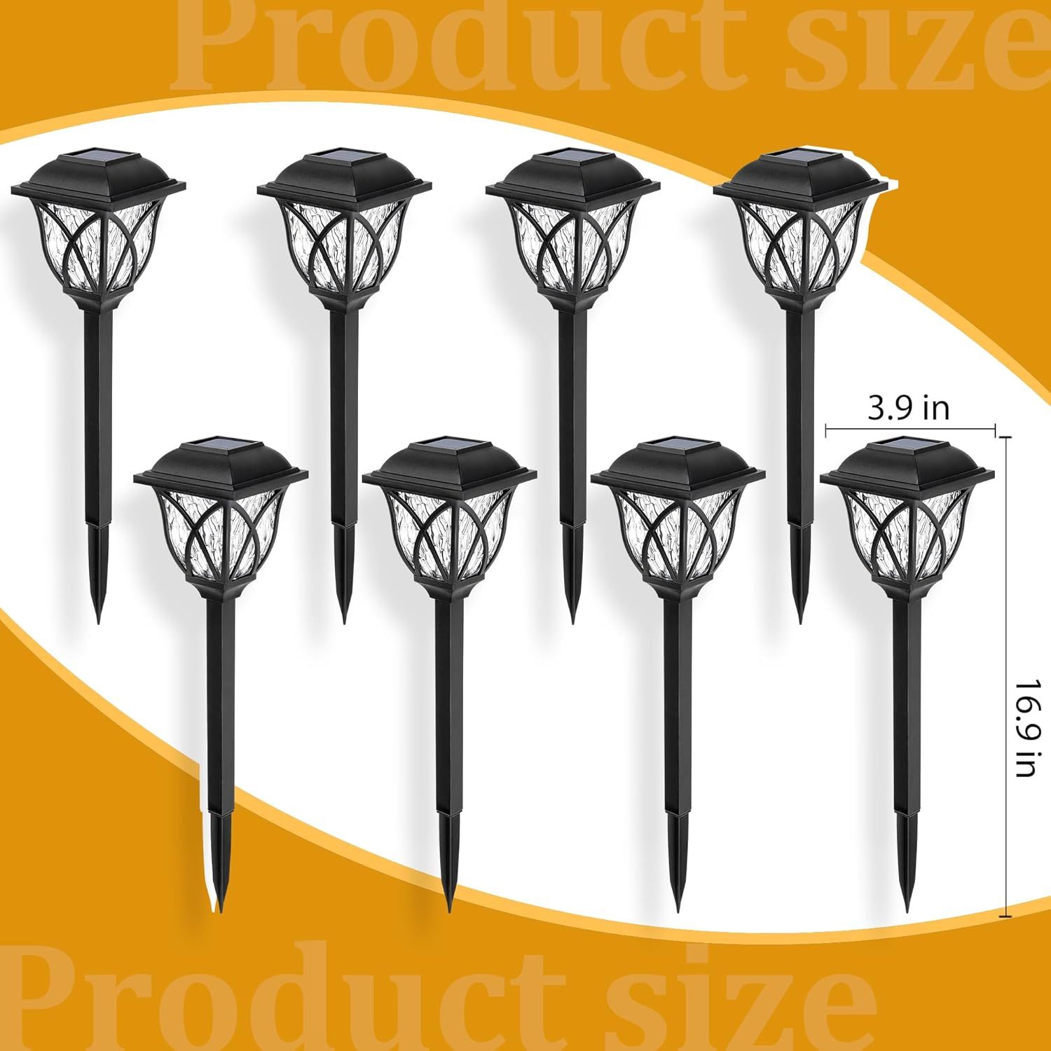 Communicates the exact physical size of the solar pathway lights (3.9 inches wide, 16.9 inches tall) to help shoppers understand the product's footprint and…