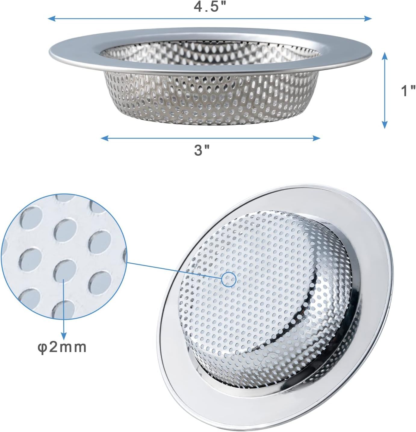 Communicates the exact physical dimensions of the drain strainer (4.5" outer diameter, 3" basket diameter, 1" height) and the 2mm hole size to help shoppers…