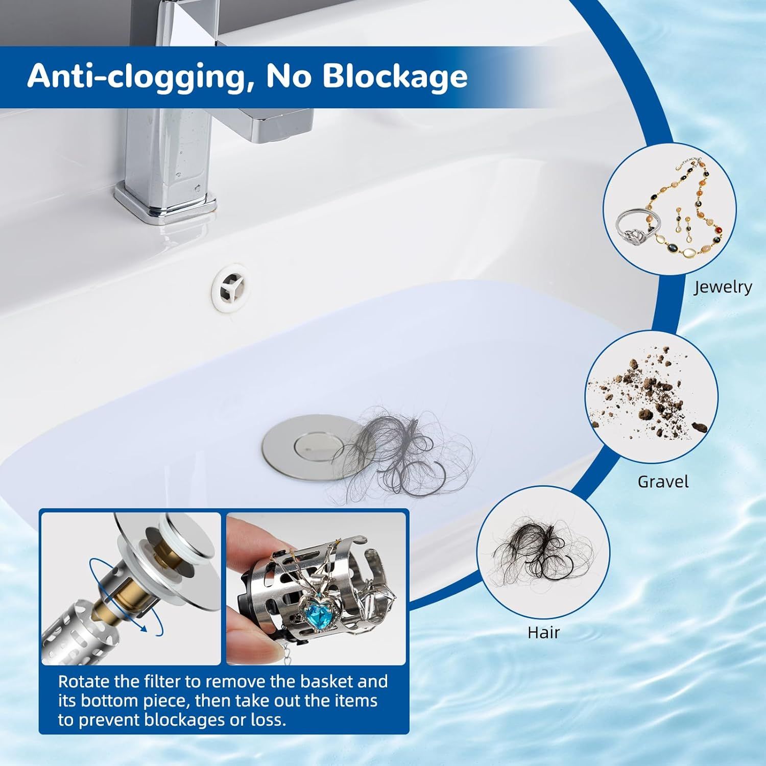 Demonstrates how to remove and clean the drain filter to prevent blockages from jewelry, gravel, and hair, reassuring shoppers that maintenance is simple and…