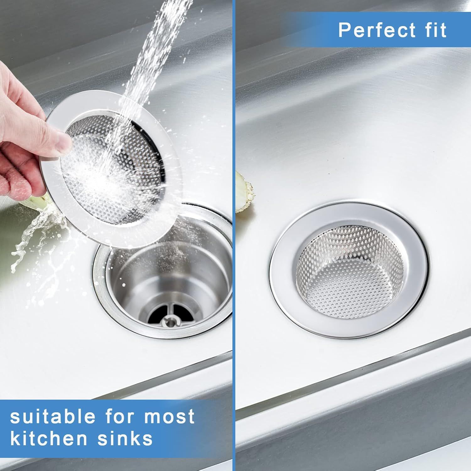 Demonstrates that the sink strainer fits perfectly in most kitchen sinks, reassuring shoppers about compatibility and proper installation. Highlights the…
