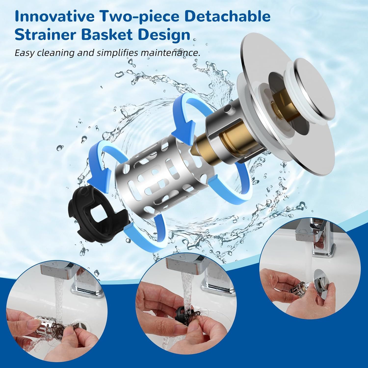 Demonstrates the exploded view of the strainer basket's detachable components with directional arrows to show how the parts separate for easy cleaning and…
