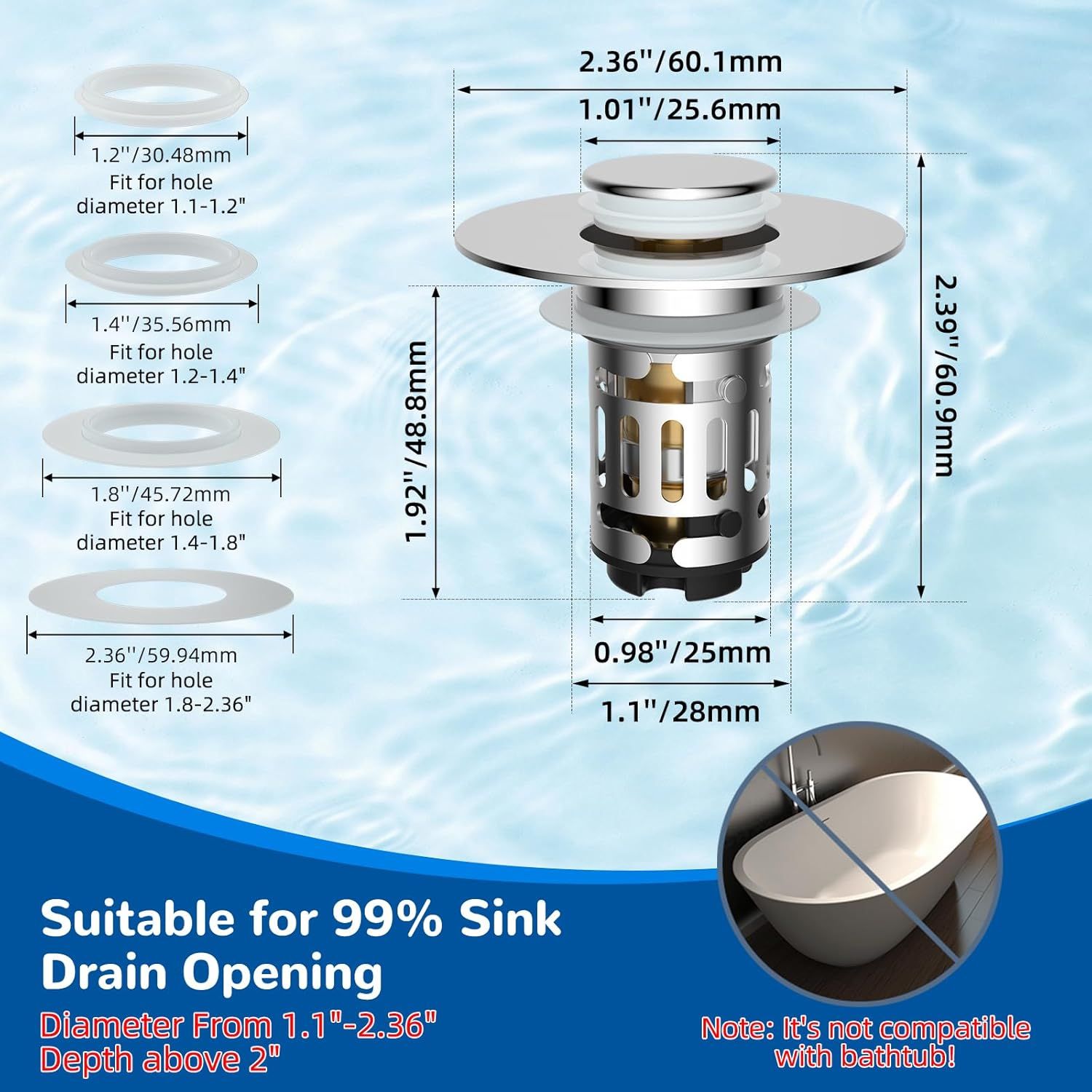 Provides detailed dimensional measurements of the sink drain product and shows which hole diameters it fits, helping shoppers verify compatibility with their…