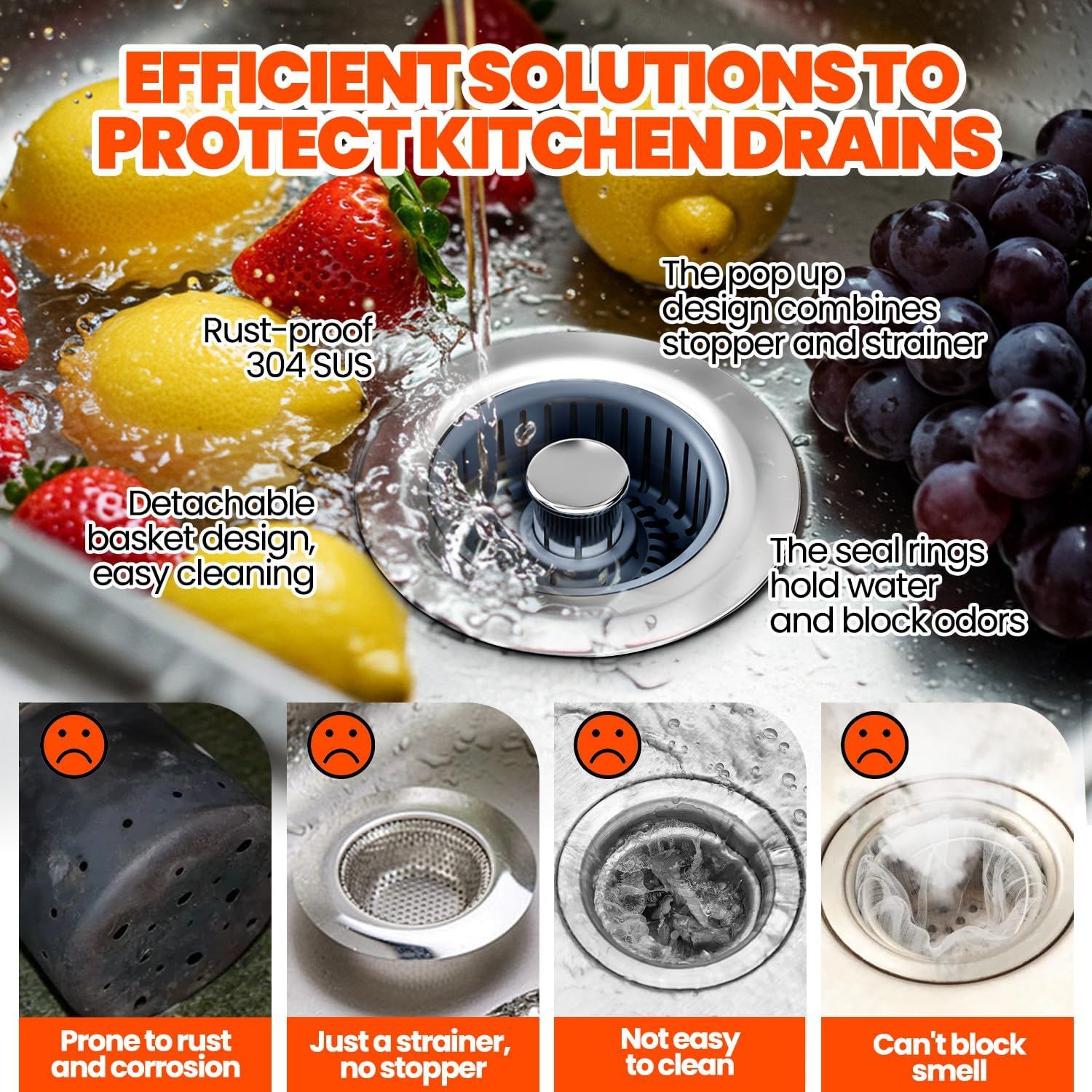 Demonstrates why this kitchen drain product is superior to competing or generic alternatives by showing multiple problems with other drains (rust, no stopper, hard to clean, can't block smell)…