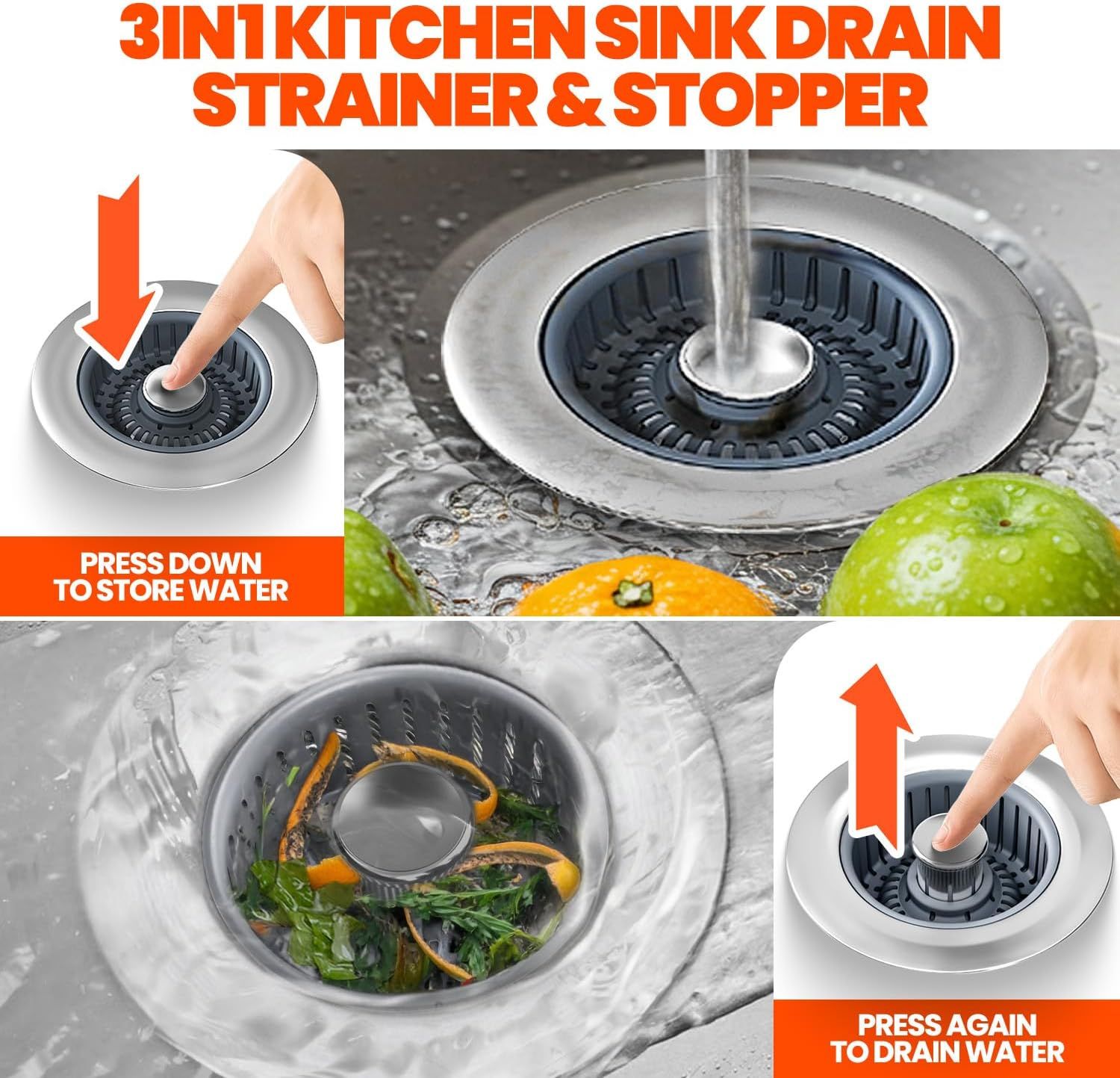 Demonstrates the two-step operation of the 3-in-1 sink drain stopper: press down to store water and press again to drain, helping shoppers understand the…