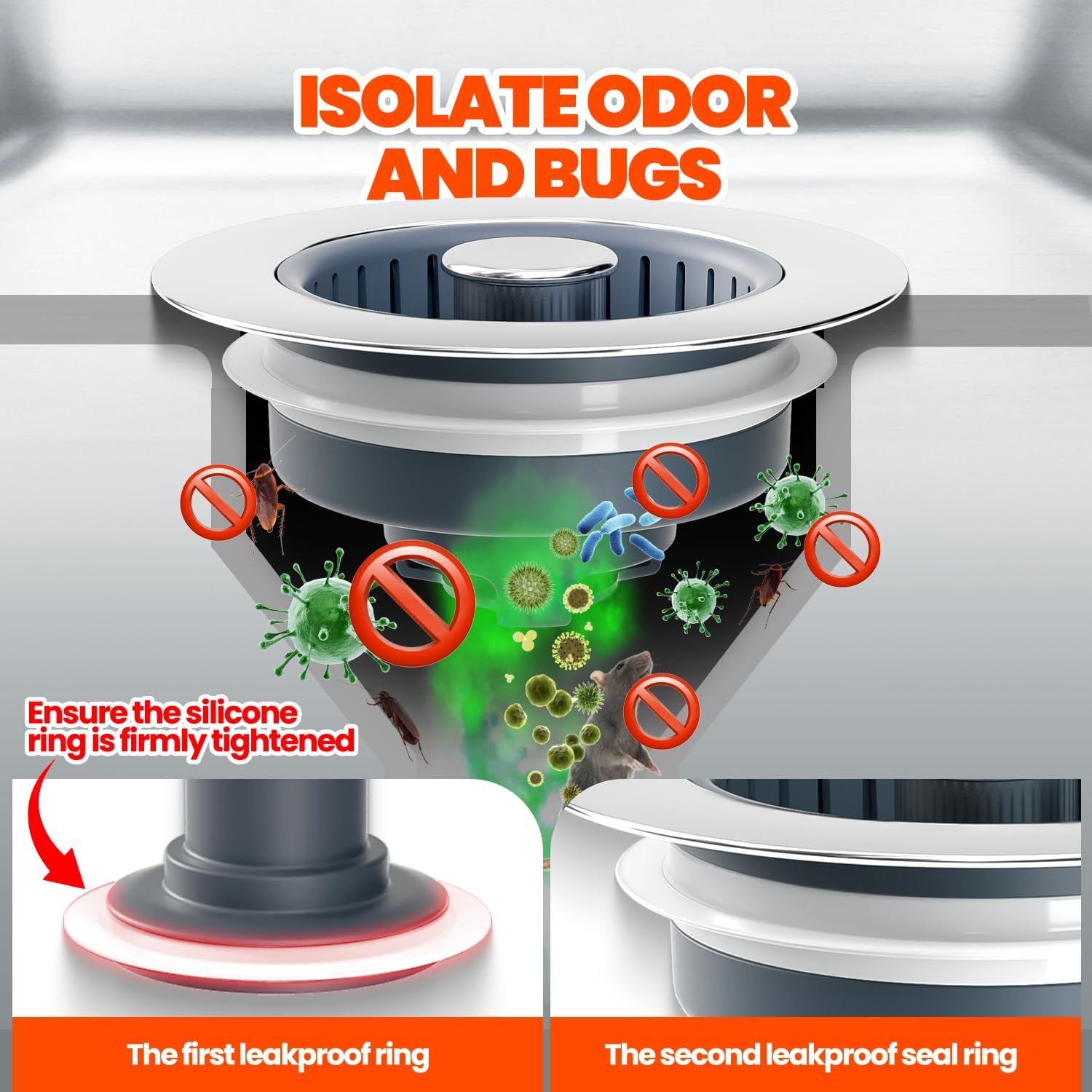 Demonstrates how the product's dual silicone ring system creates a sealed barrier that prevents odors and bugs from escaping, reassuring shoppers of its…