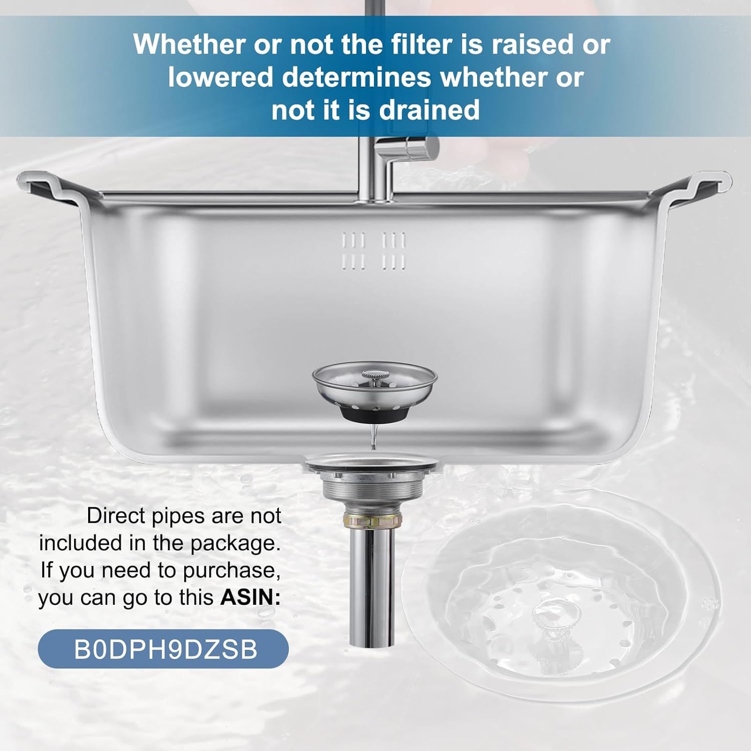 Explains how the sink's drain filter mechanism works by raising or lowering it, helping shoppers understand the product's functionality and ease of use.…