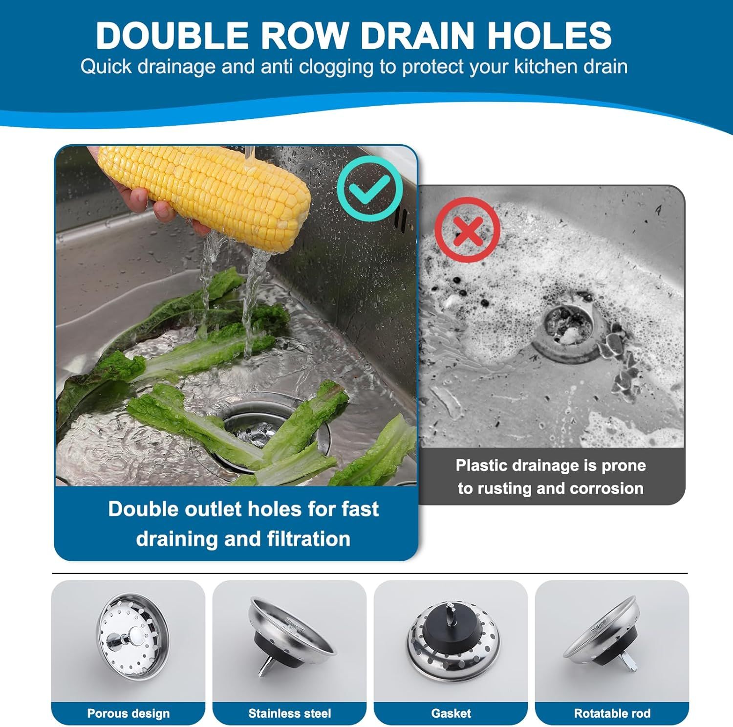 Demonstrates the superiority of the product's double drain hole design over traditional plastic drainage systems that are prone to rusting and corrosion, reassuring shoppers of better performance…