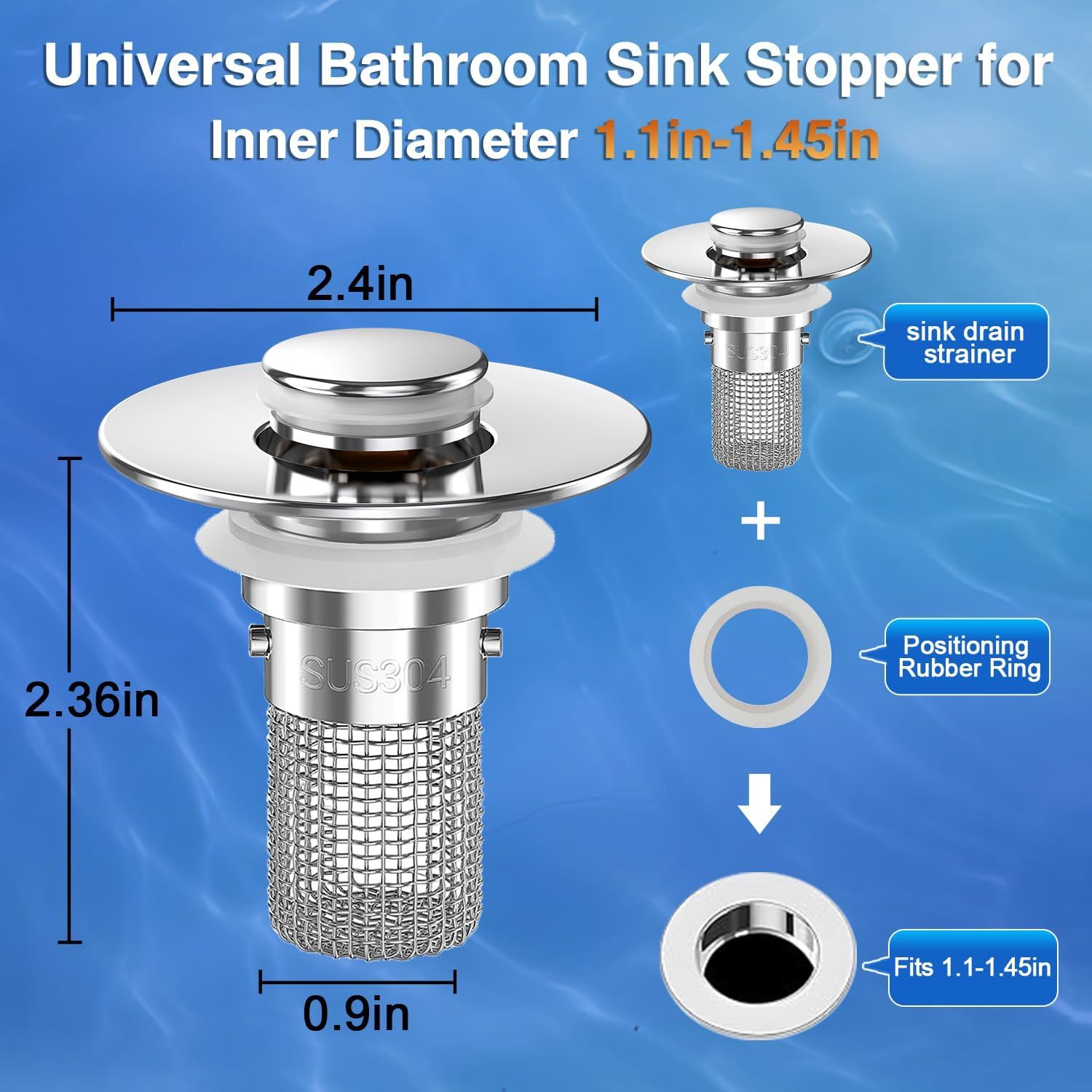 This image breaks down the physical components of the bathroom sink stopper, showing the drain strainer, rubber ring, and compatibility specifications to help…
