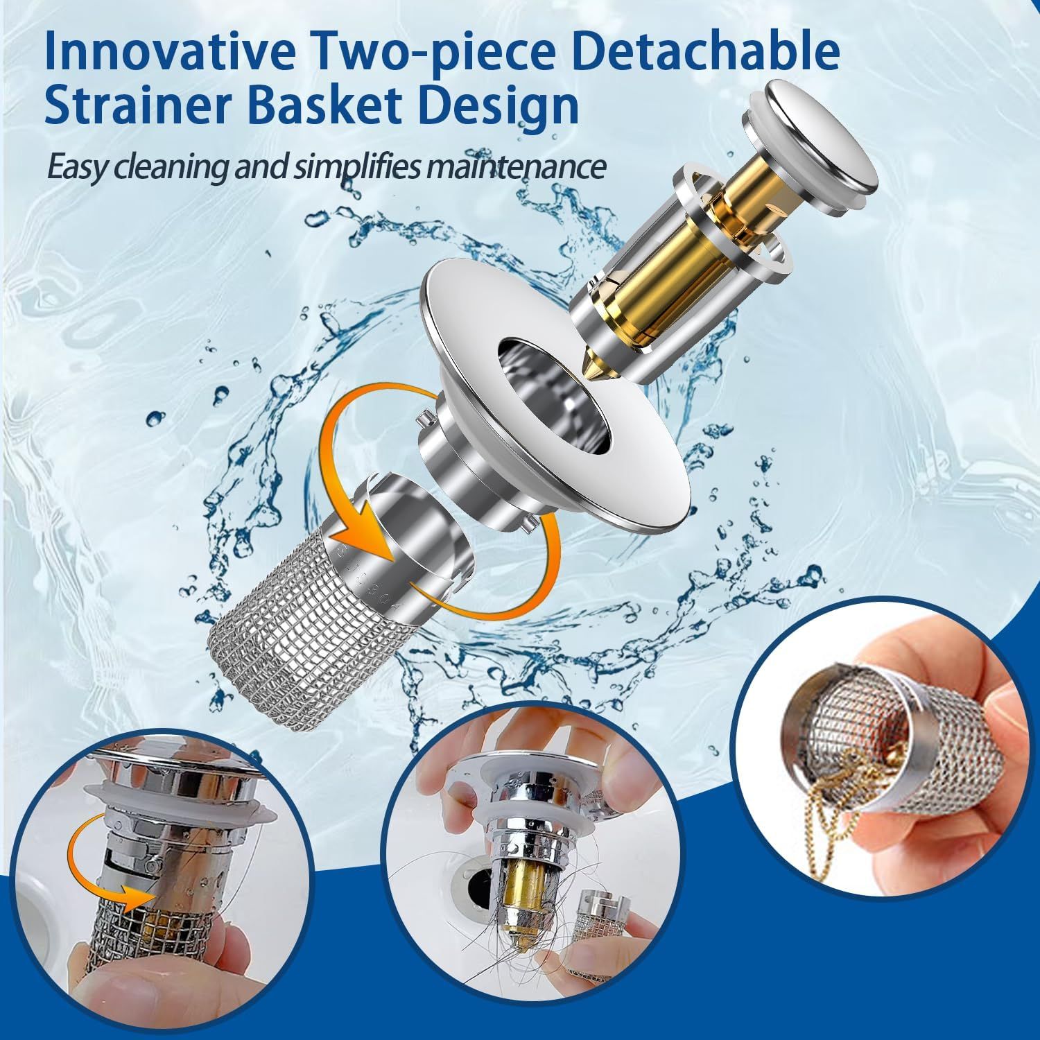Demonstrates the product's innovative detachable construction with exploded view and circular insets showing how the strainer basket separates for easy…