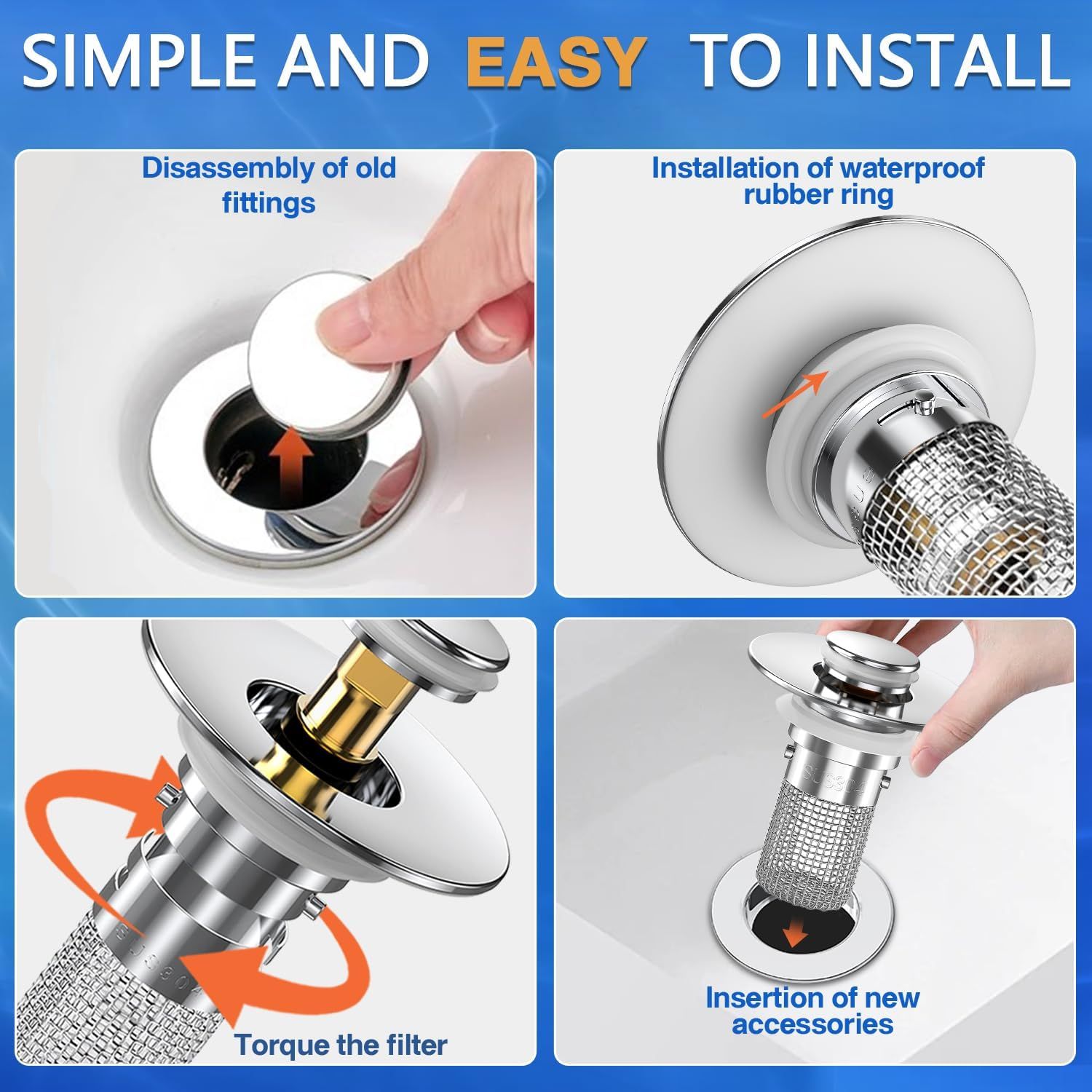 Demonstrates the step-by-step installation process for a drain filter or strainer, reassuring shoppers that the product is simple and easy to install without…