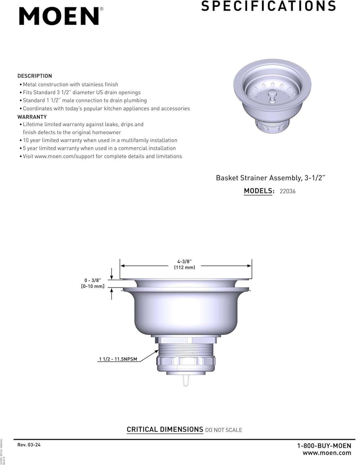 Provides exact measurements and technical specifications of the basket strainer assembly to help installers and buyers verify compatibility with their…