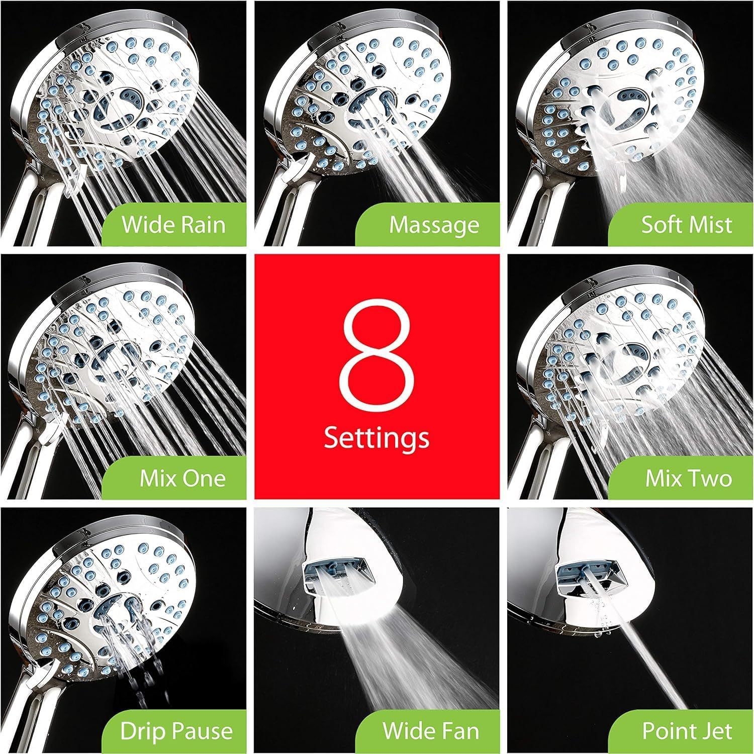 Demonstrates the product's versatility by showcasing all 8 different spray settings available, helping shoppers understand the variety of shower experiences…