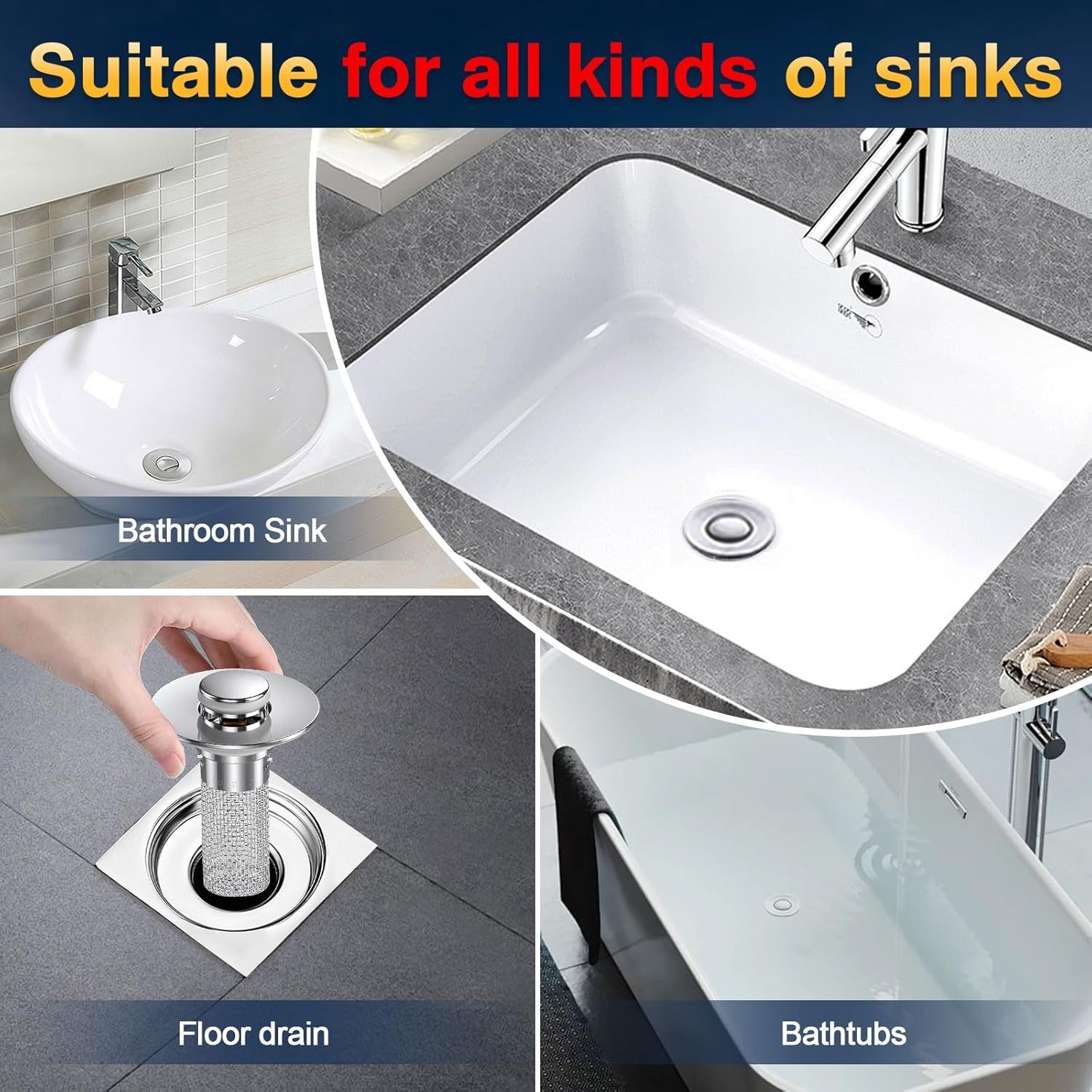 Demonstrates that the product (likely a drain or sink accessory) is versatile and compatible with multiple types of sinks and drains, including bathroom…