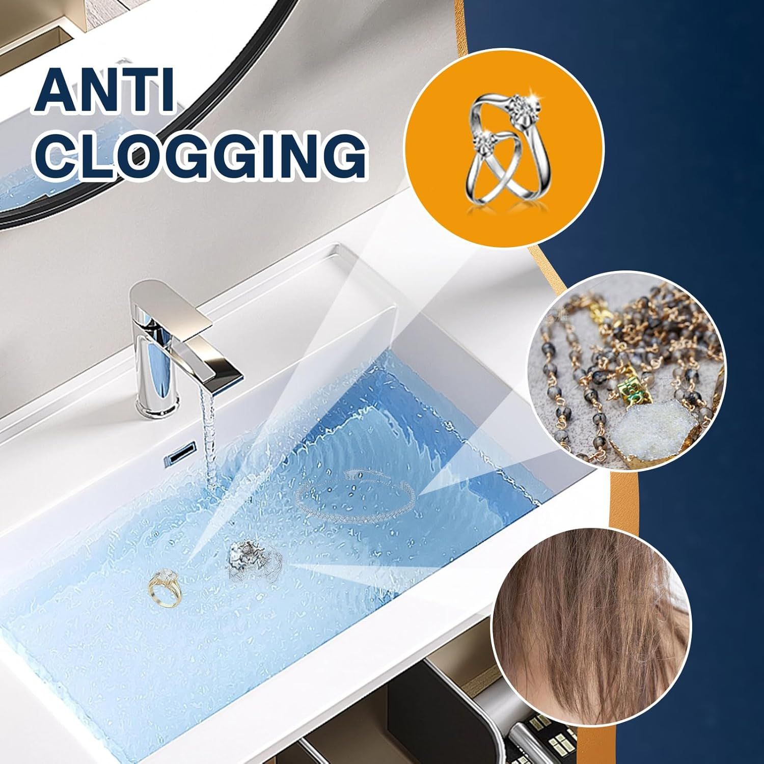 Demonstrates the product's anti-clogging feature across multiple applications, showing it can handle jewelry (rings, necklaces) and hair without blocking the…