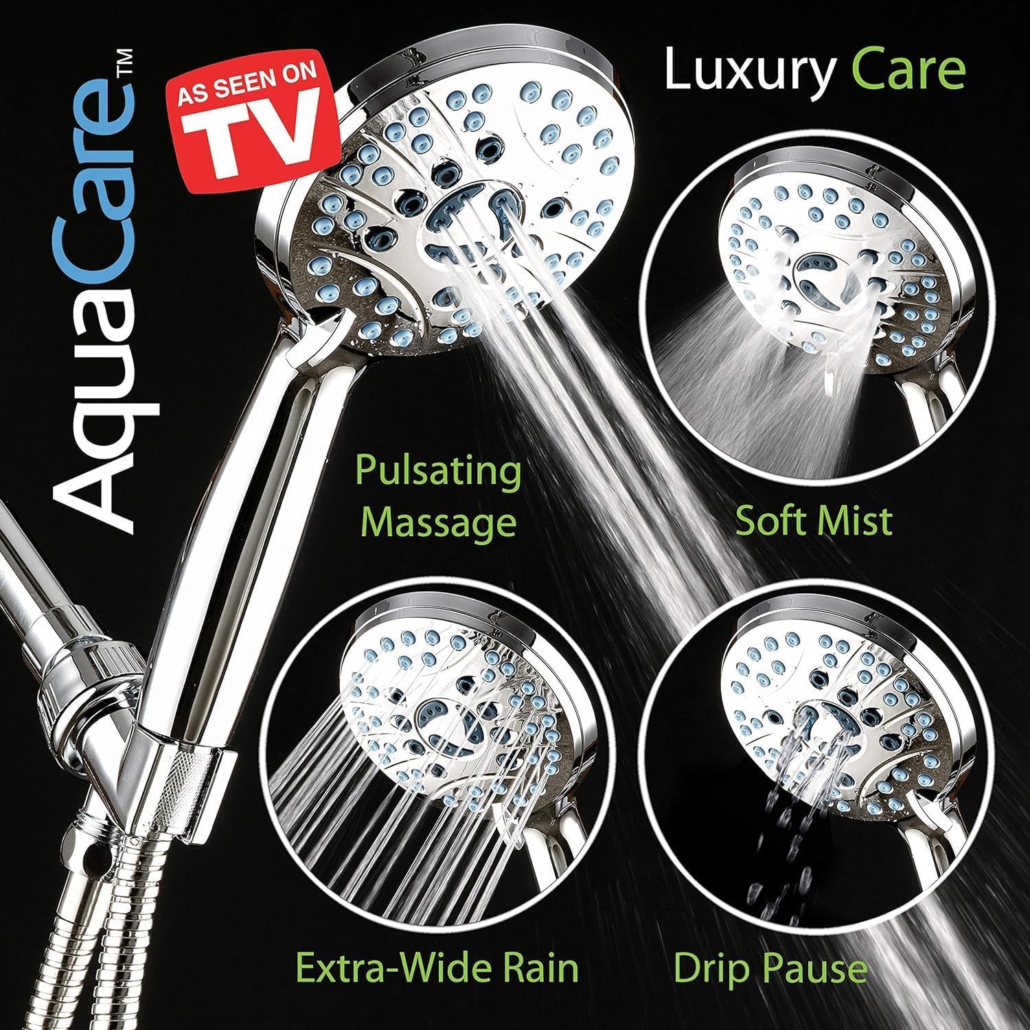 Builds credibility and trust by showing the product has been featured on television, leveraging media exposure as social proof. Showcases four distinct spray settings to demonstrate the product's…
