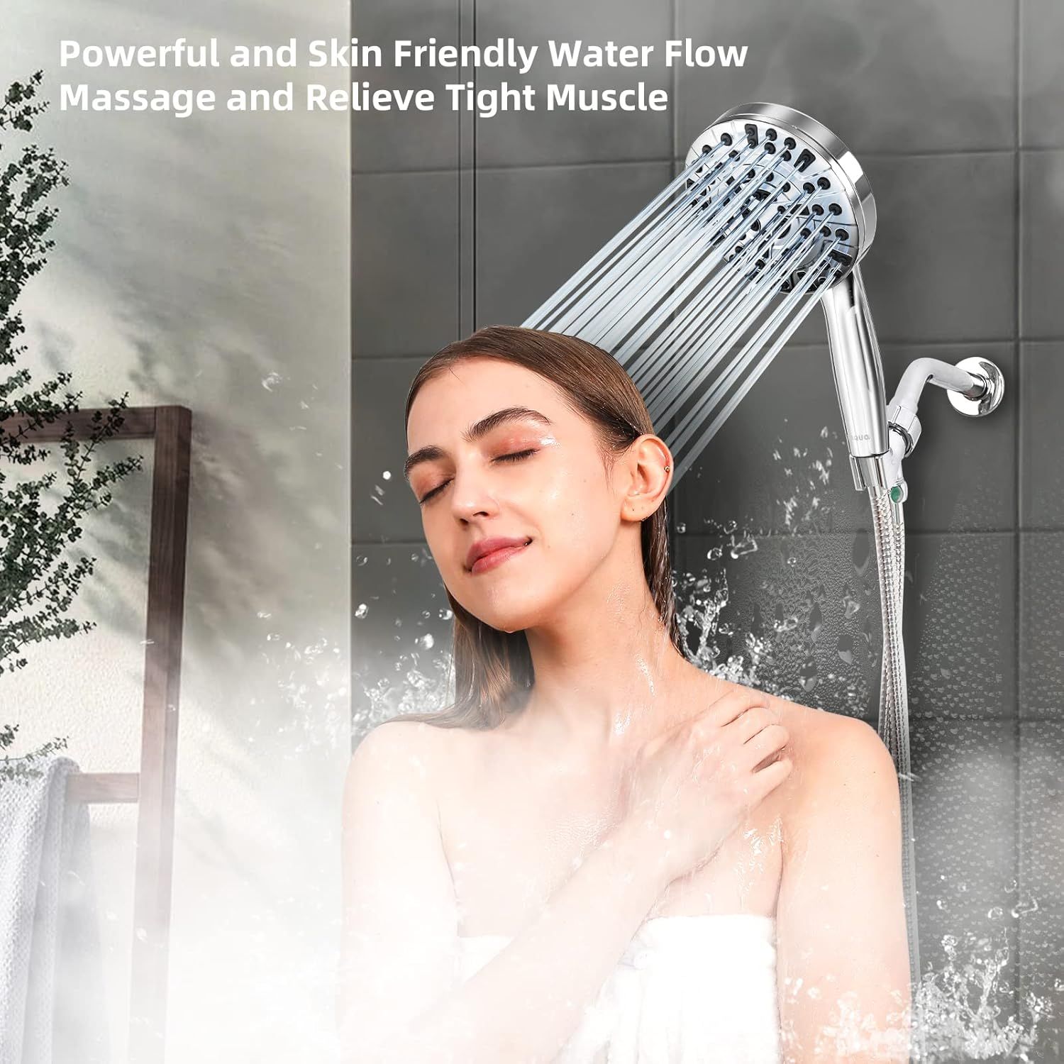 Communicates the showerhead's powerful yet gentle water flow that provides a massage experience and relieves tight muscles, reassuring shoppers of comfort and…
