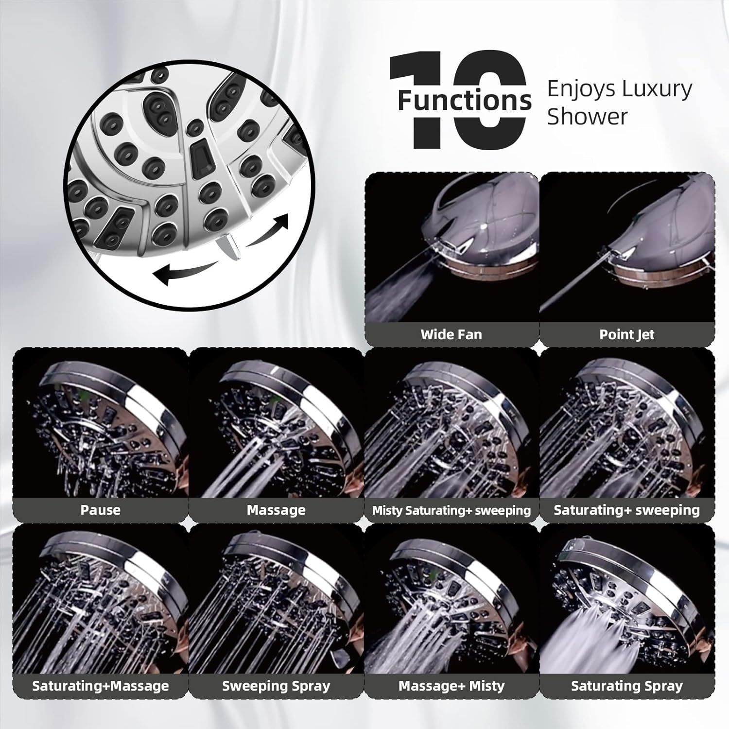 Demonstrates the product's versatility by showcasing 10 different spray functions and modes, reassuring shoppers that the showerhead offers customizable…