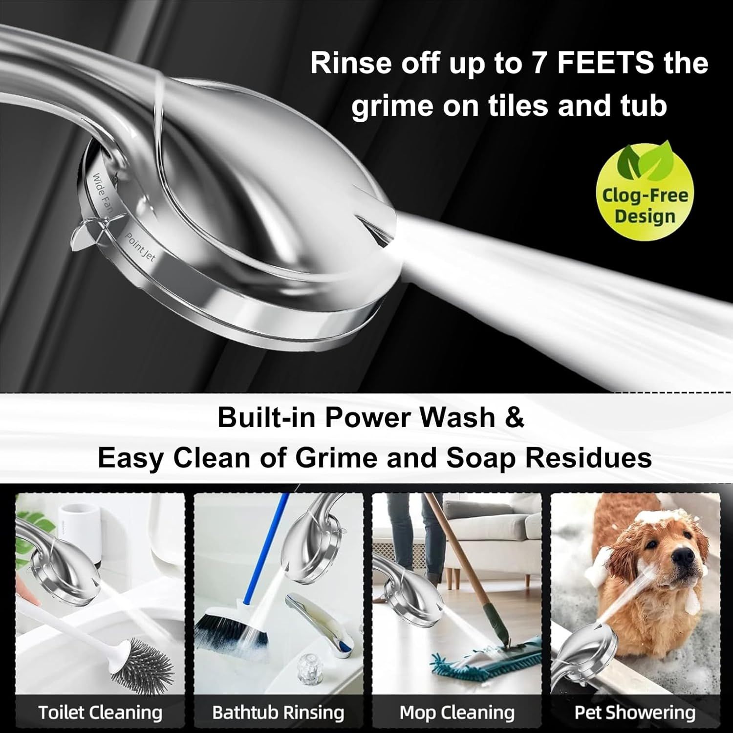 Demonstrates the versatility of the product by showing four distinct cleaning and rinsing applications, reassuring shoppers that this tool can handle multiple…
