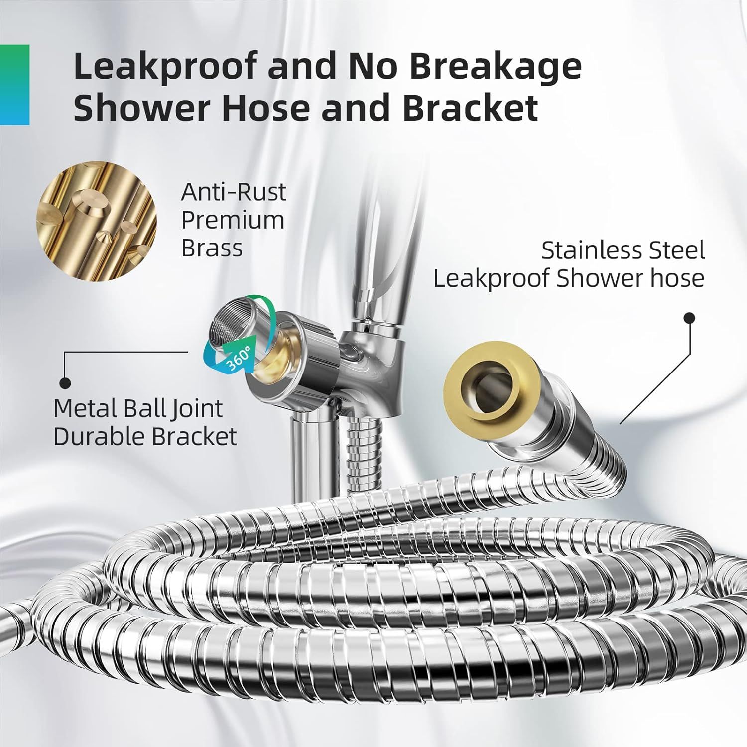 Breaks down the physical components of the shower hose and bracket system to show shoppers the quality materials and construction features that make it…
