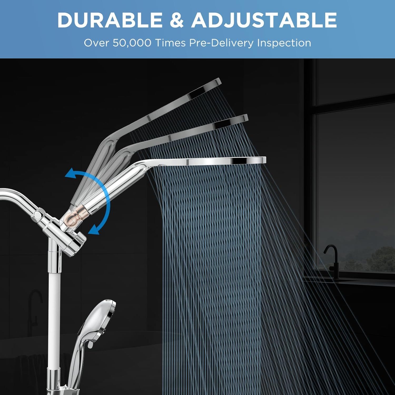 Communicates that the showerhead is both durable and adjustable, with multiple visual elements showing the adjustable arm mechanism and quality assurance…