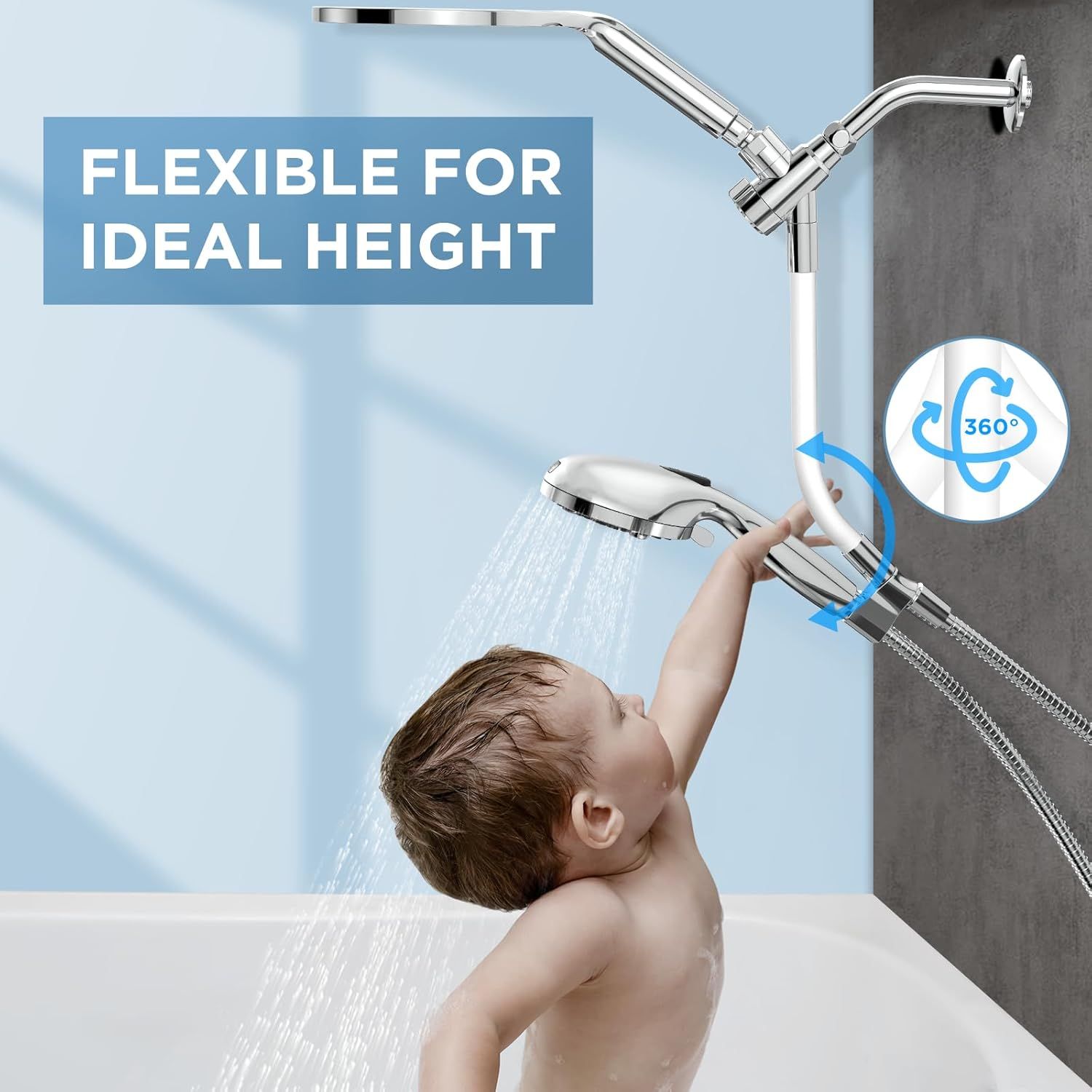 Demonstrates that the showerhead is flexible and adjustable to ideal height with 360-degree rotation, making it convenient for users of all heights including…