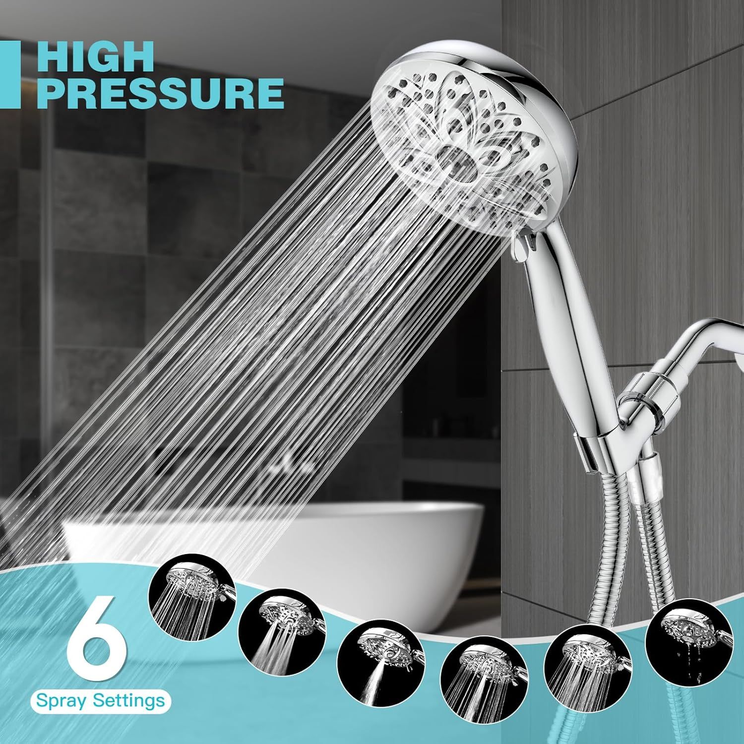 Communicates the showerhead's high-pressure performance and versatility with 6 different spray patterns, reassuring shoppers of a customizable and powerful…