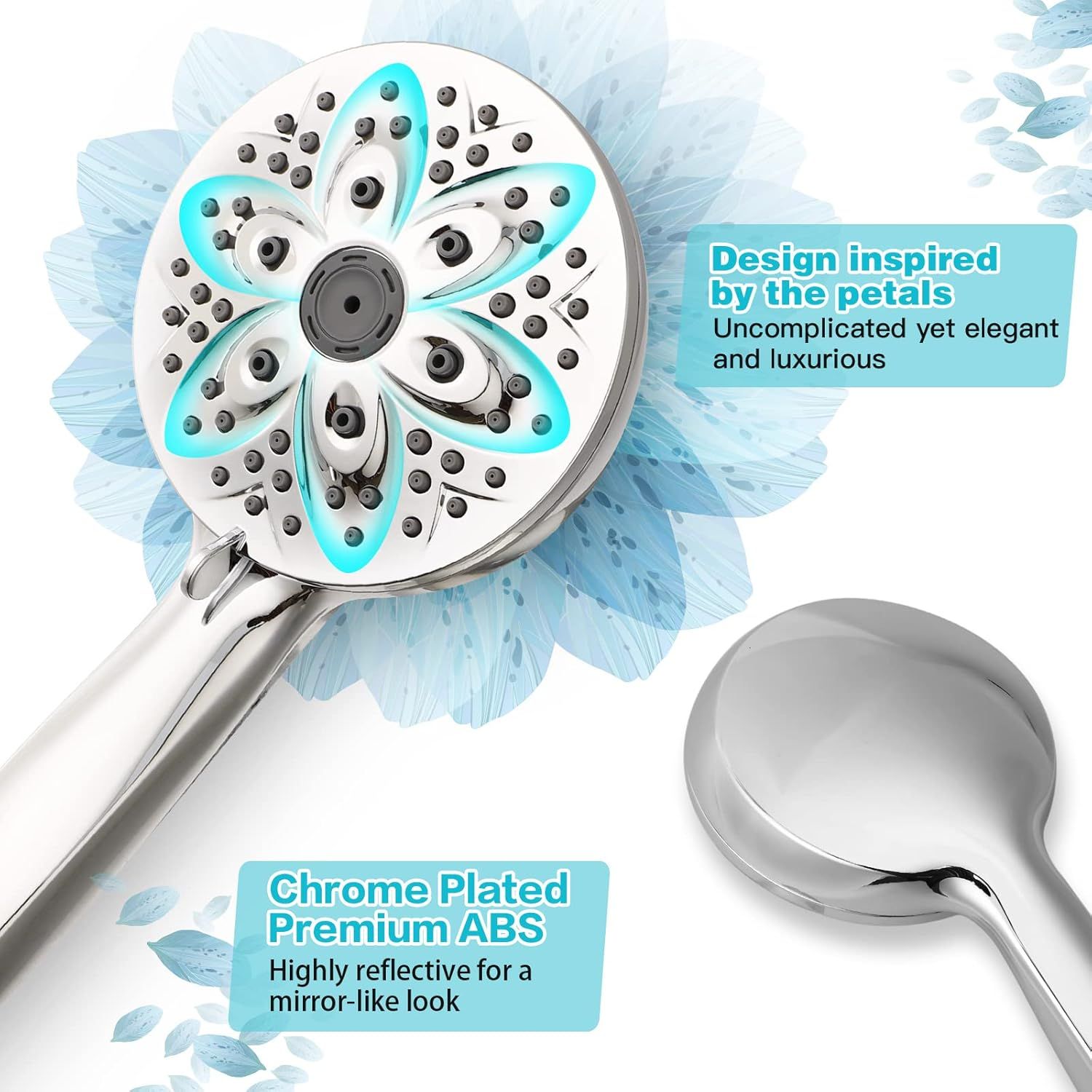Highlights two distinct selling benefits: the elegant petal-inspired aesthetic design and the premium chrome-plated ABS material with mirror-like finish,…