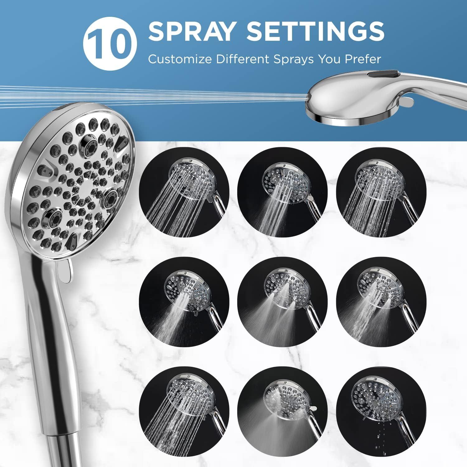 Communicates the product's versatility by showcasing 10 different spray settings, reassuring shoppers they can customize their shower experience to their…