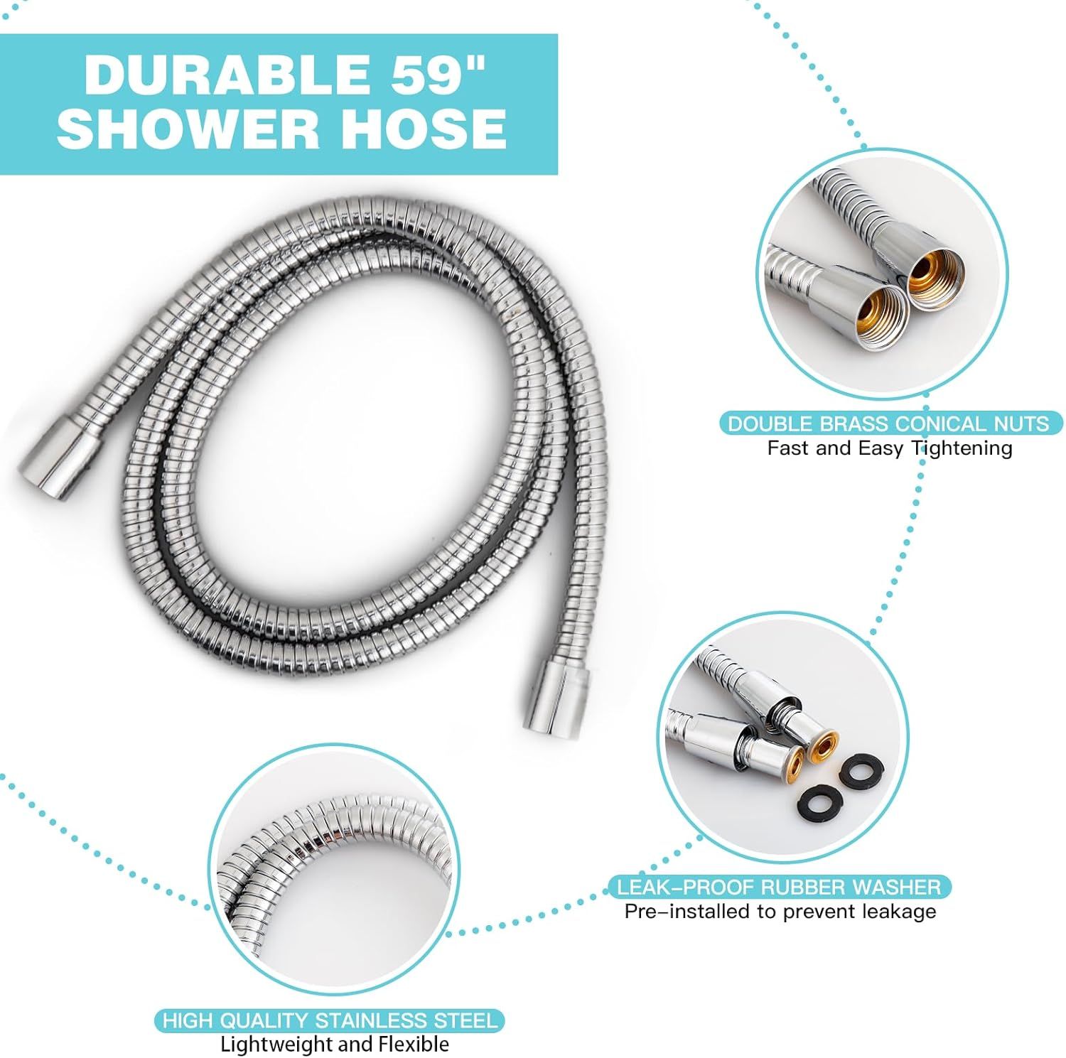 This image breaks down the shower hose by highlighting its key physical components and materials—brass nuts for easy tightening, rubber washers for leak…