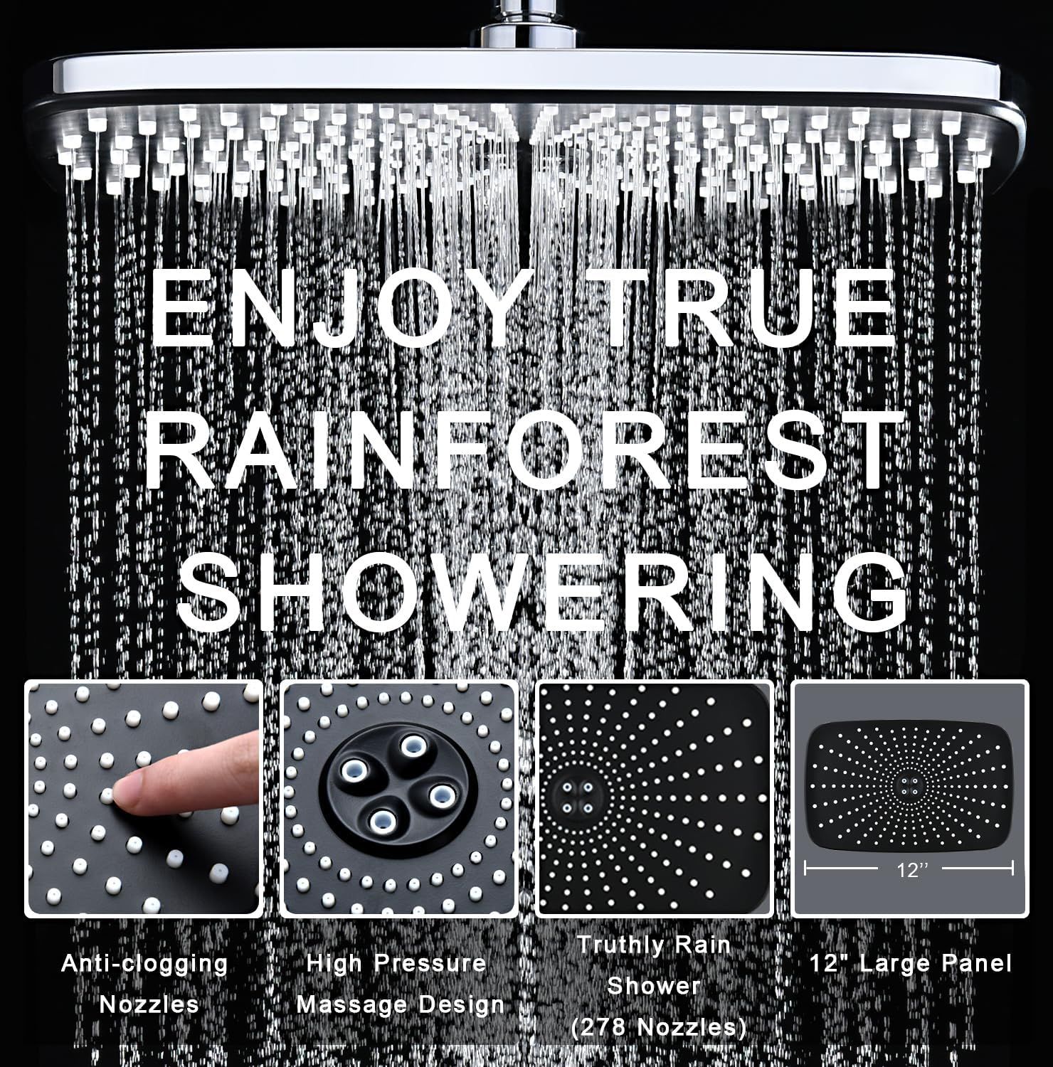 Communicates multiple distinct benefits of the showerhead in a segmented layout to show shoppers the comprehensive value: anti-clog technology, high-pressure…