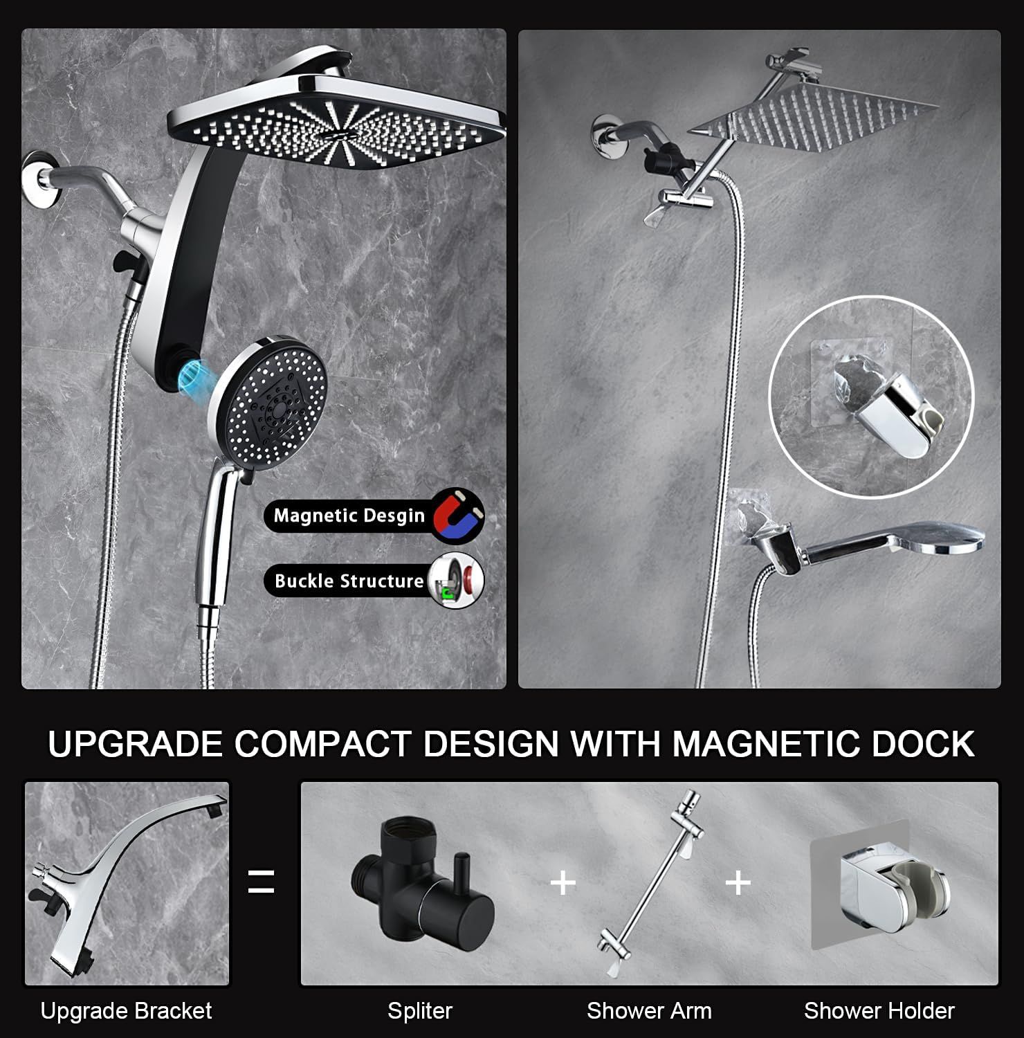 This image breaks down the shower system's physical components and structural features, highlighting the magnetic dock and buckle structure to help shoppers…