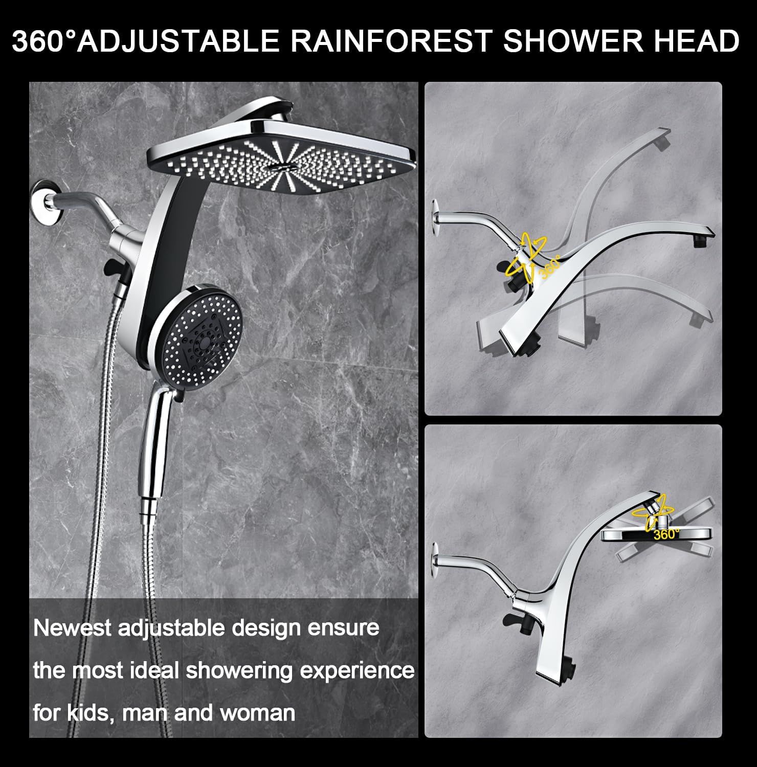 Demonstrates how the shower head can be adjusted 360 degrees to provide an ideal showering experience for different users, showing the mechanism and range of…
